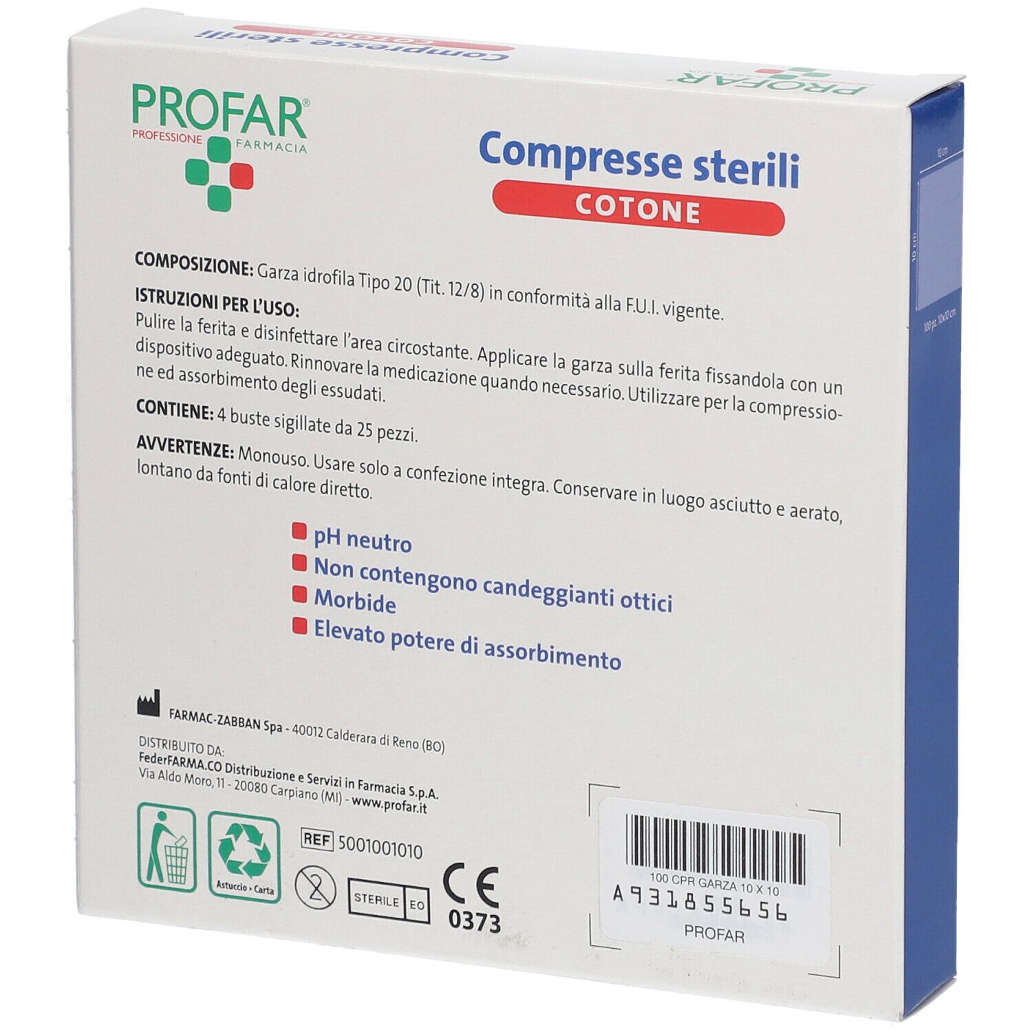 Retro della confezione delle compresse PROFAR. Testo: Composizione, istruzioni per l'uso, avvertenze. Loghi: pH neutro, non candeggiante, morbido, elevato assorbimento.