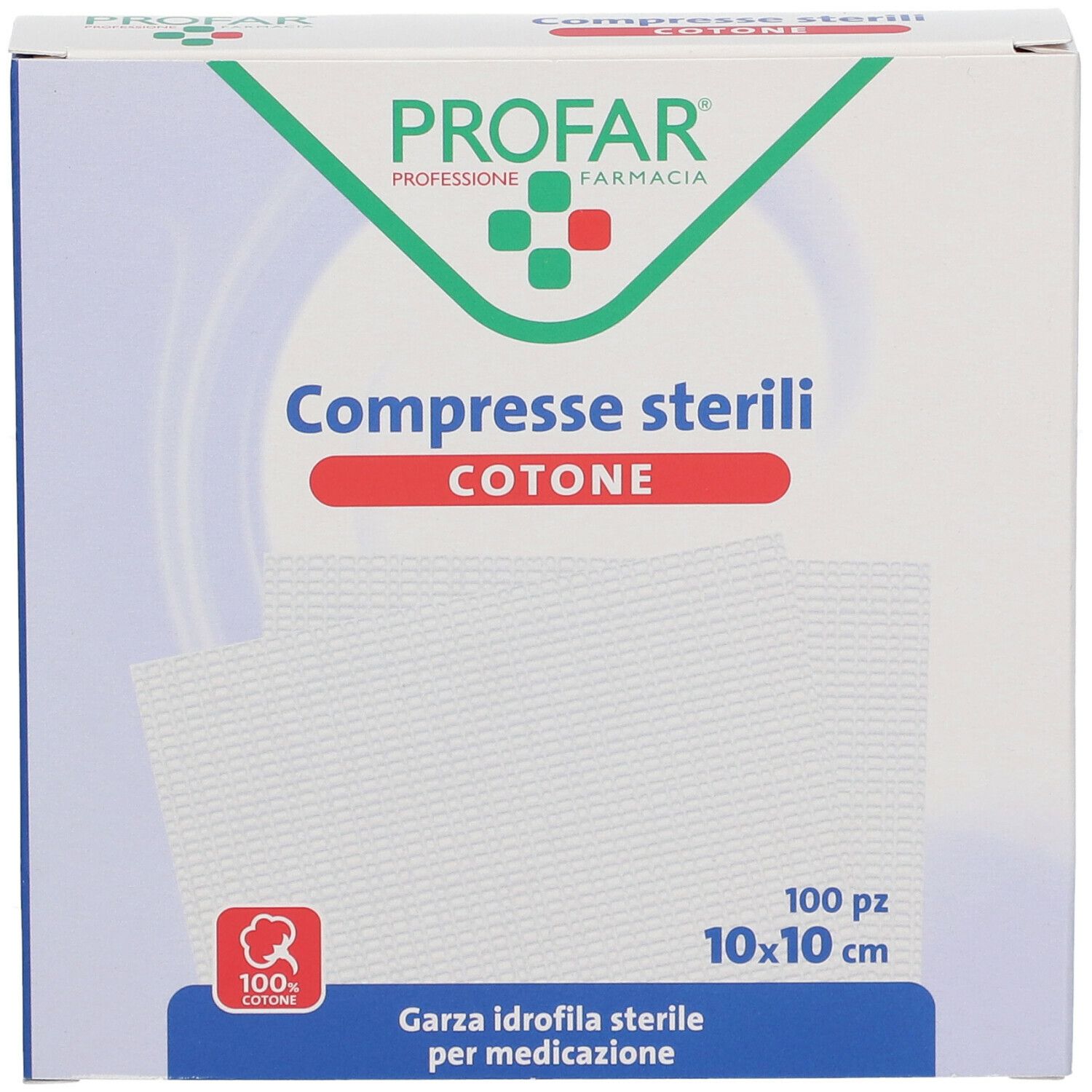Compresse sterili PROFAR in cotone. Confezione da 100 pezzi, 10x10 cm. Scritte: PROFAR, Compresse sterili, Cotone.