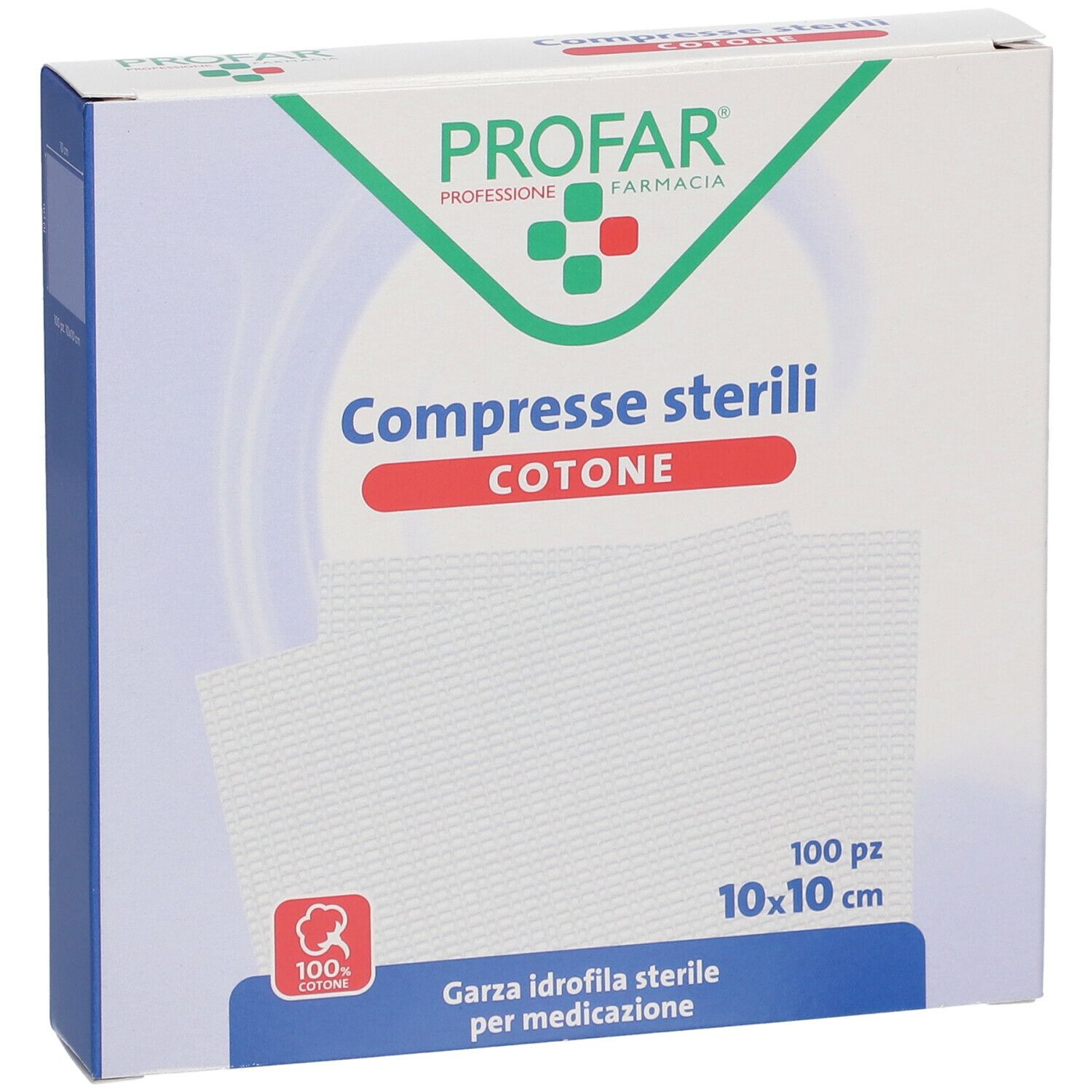 Compresse sterili PROFAR in cotone. Confezione da 100 pezzi, 10x10 cm. Scritte: PROFAR, Compresse sterili, Cotone.