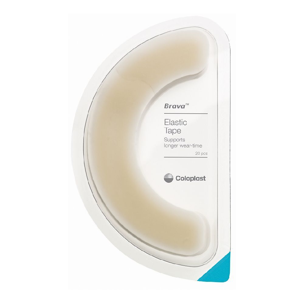 Brava® cerotto elastico a mezzaluna, in confezione trasparente. Contiene 20 pezzi. Marchio Coloplast.