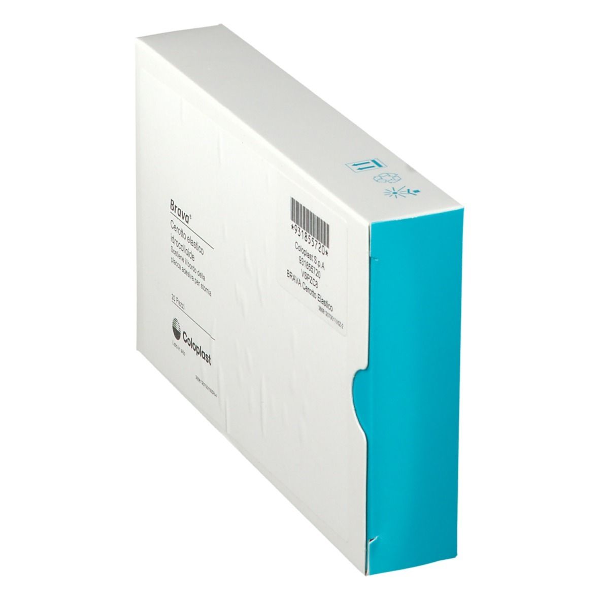 Scatola Brava®, vista laterale. Nome del prodotto e codice a barre visibili. Marchio Coloplast. Accenti blu.