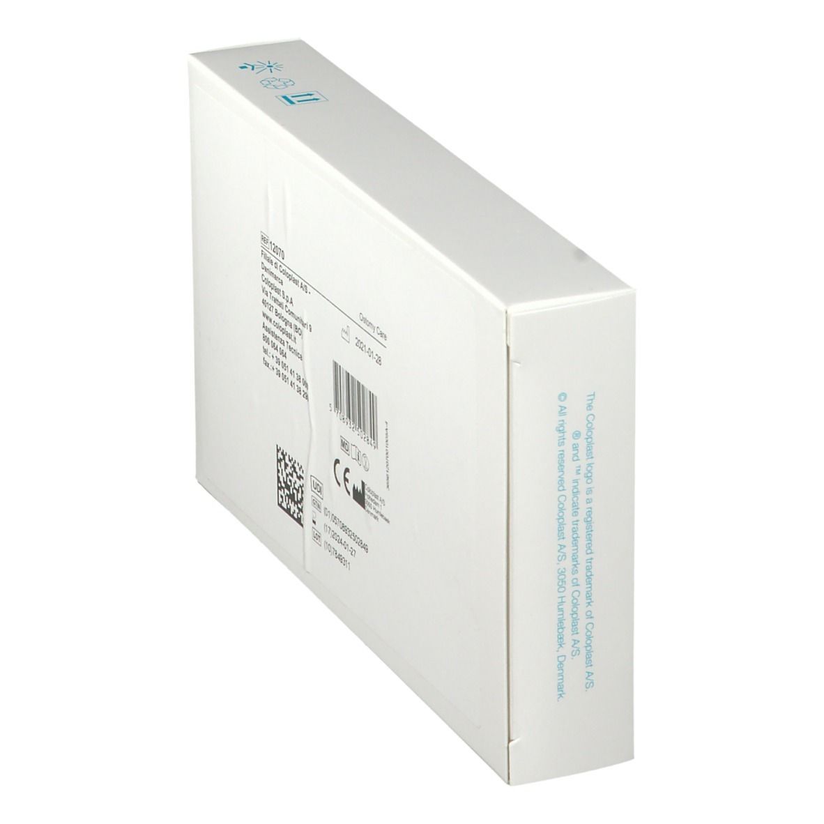 Scatola Brava®, vista laterale. Informazioni sul prodotto e codice a barre visibili. Marchio Coloplast. Accenti blu.