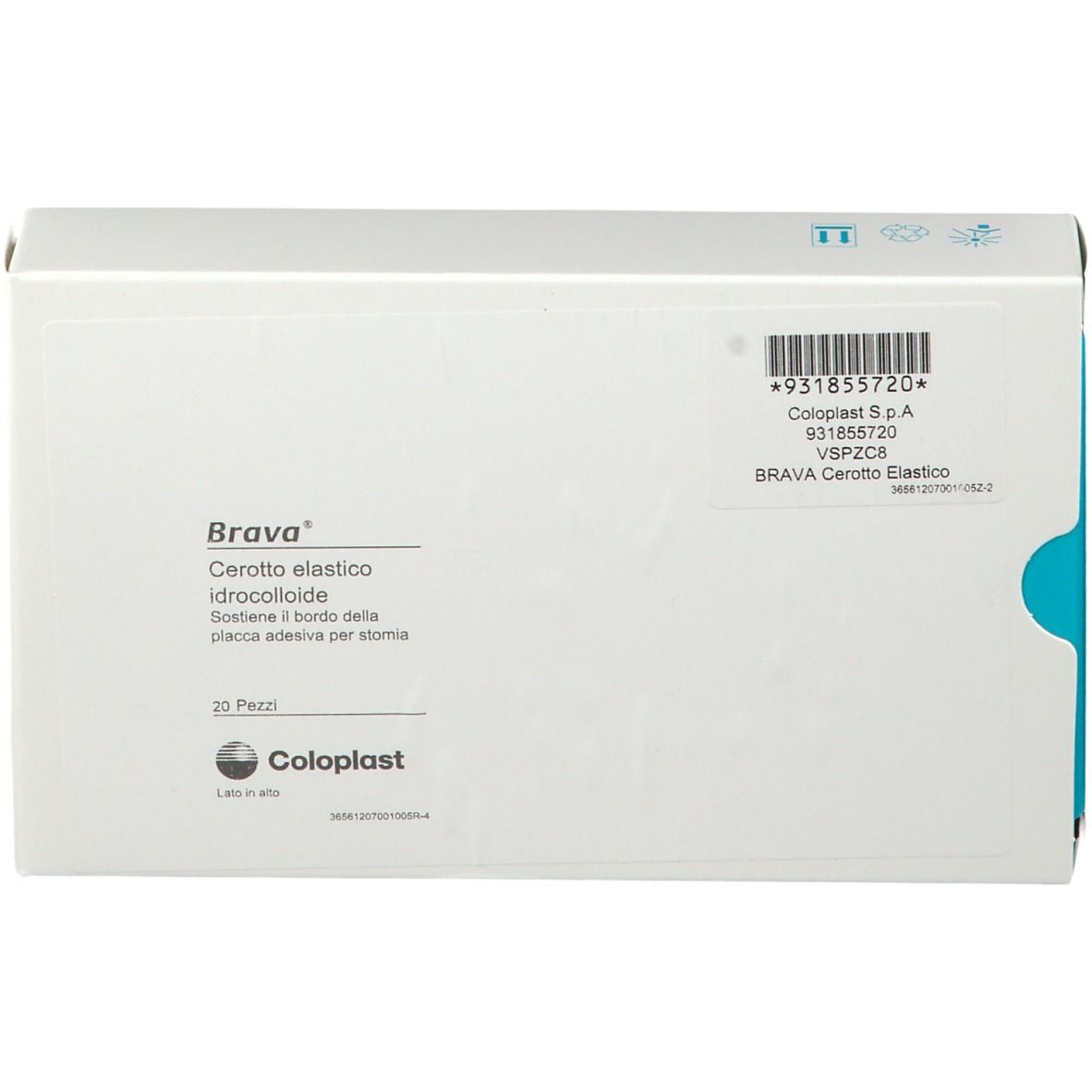 Scatola Brava® con informazioni sul prodotto e codice a barre. Contiene 20 pezzi. Marchio Coloplast.