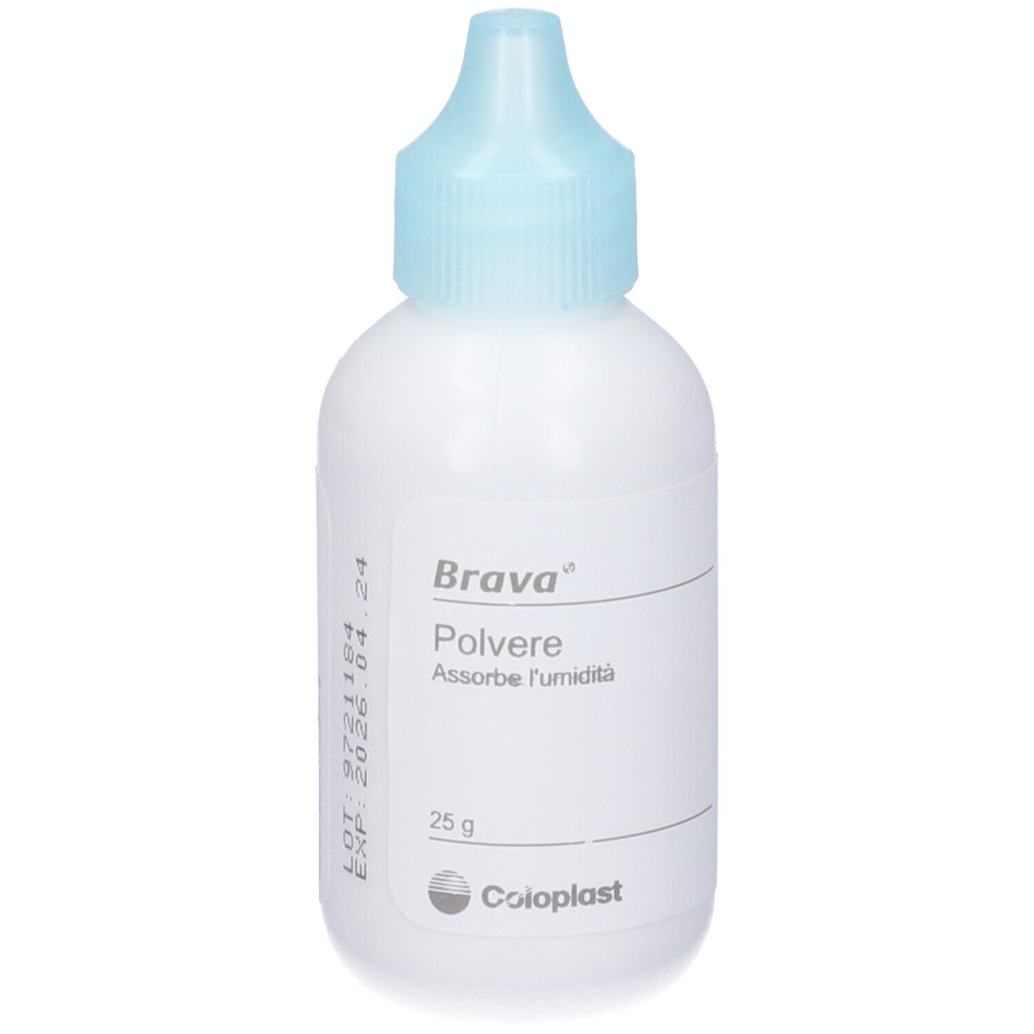 Weiße Flasche mit blauem Verschluss. Beschriftung: Brava Polvere, 25 g. Coloplast Logo.