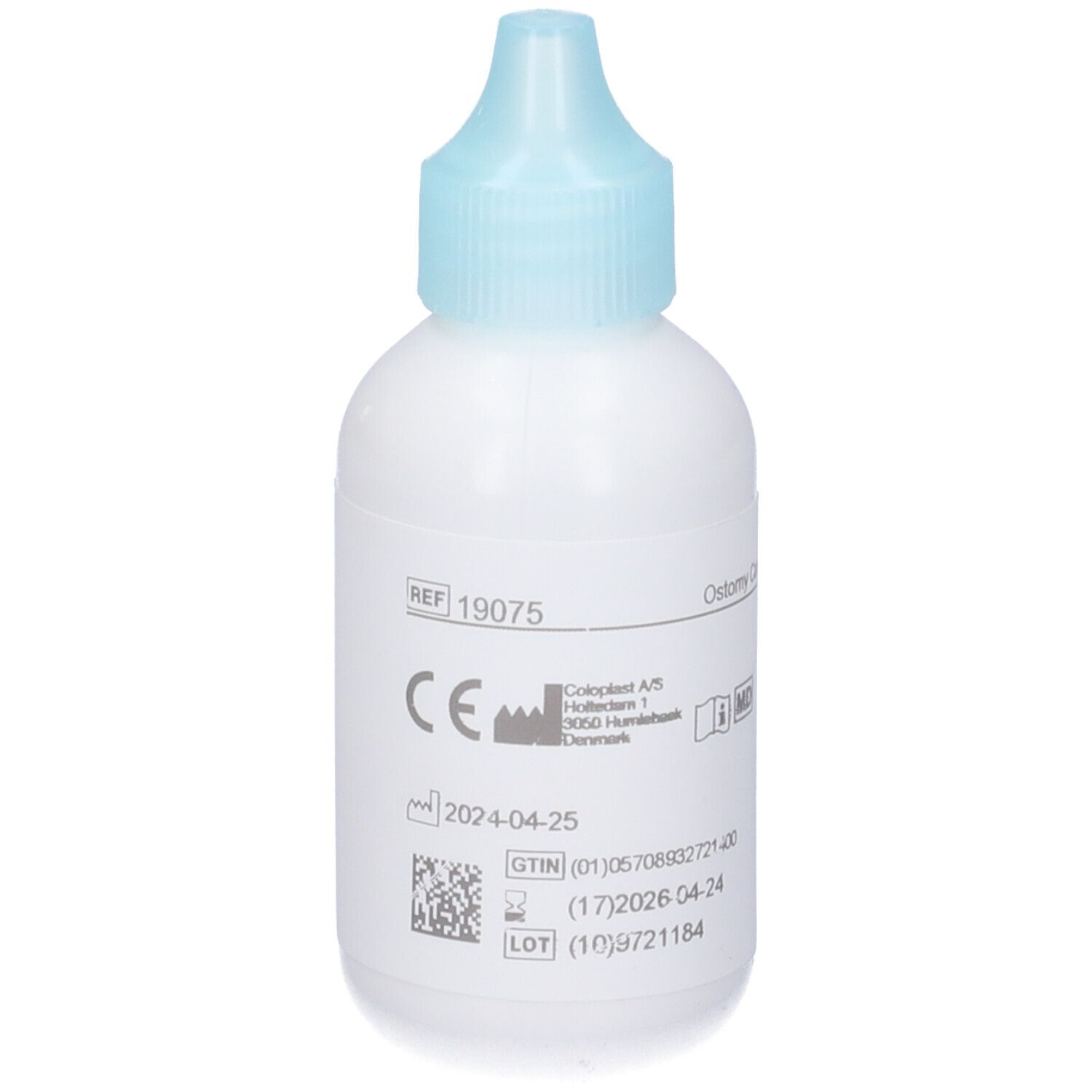 Weiße Flasche mit blauem Verschluss. Aufschrift: REF 19075, CE-Kennzeichnung, QR-Code, Verfallsdatum.