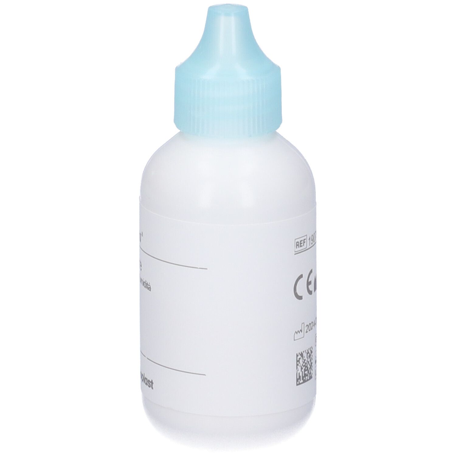 Weiße Flasche mit blauem Verschluss. Aufschrift: REF, CE-Kennzeichnung, Verfallsdatum, QR-Code.