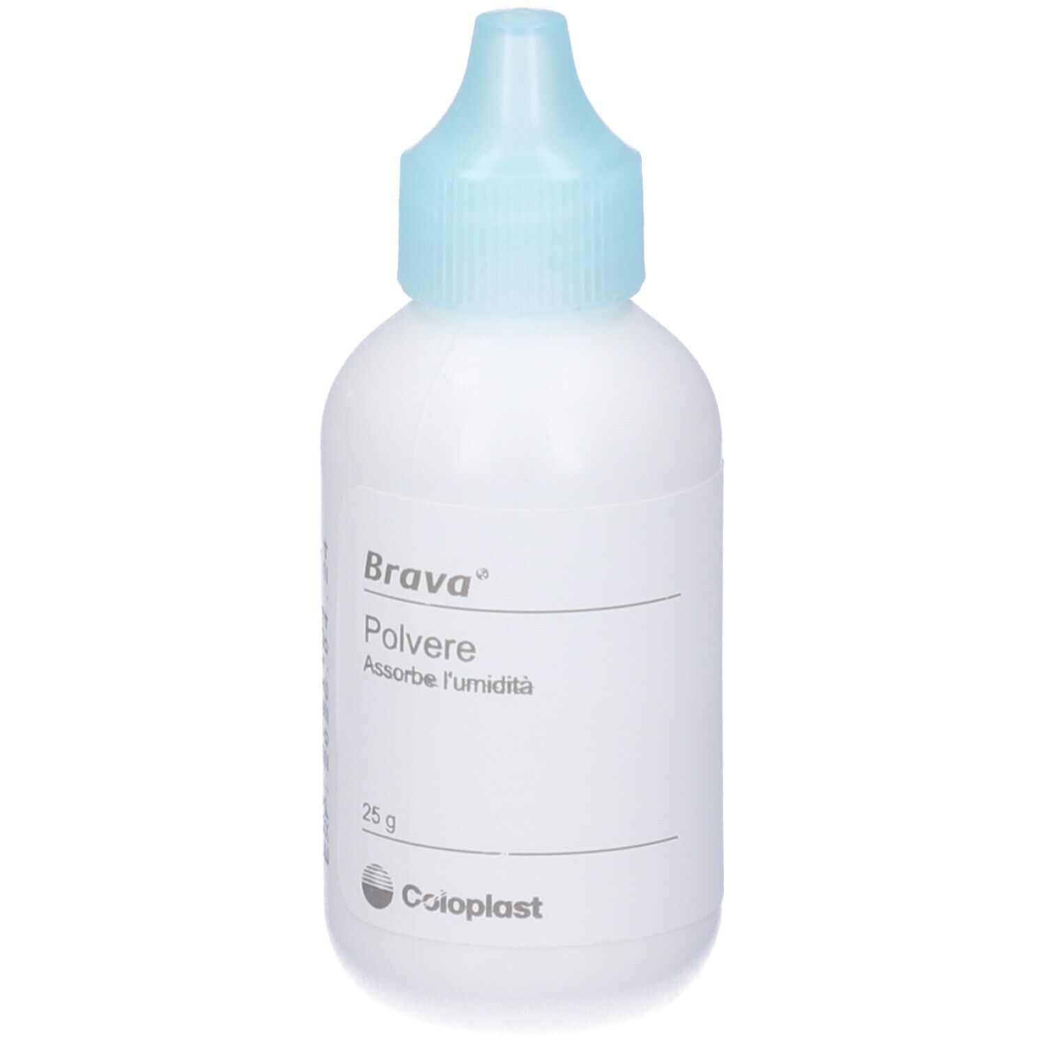 Weiße Flasche mit blauem Verschluss. Beschriftung: Brava Polvere, 25 g. Coloplast Logo.