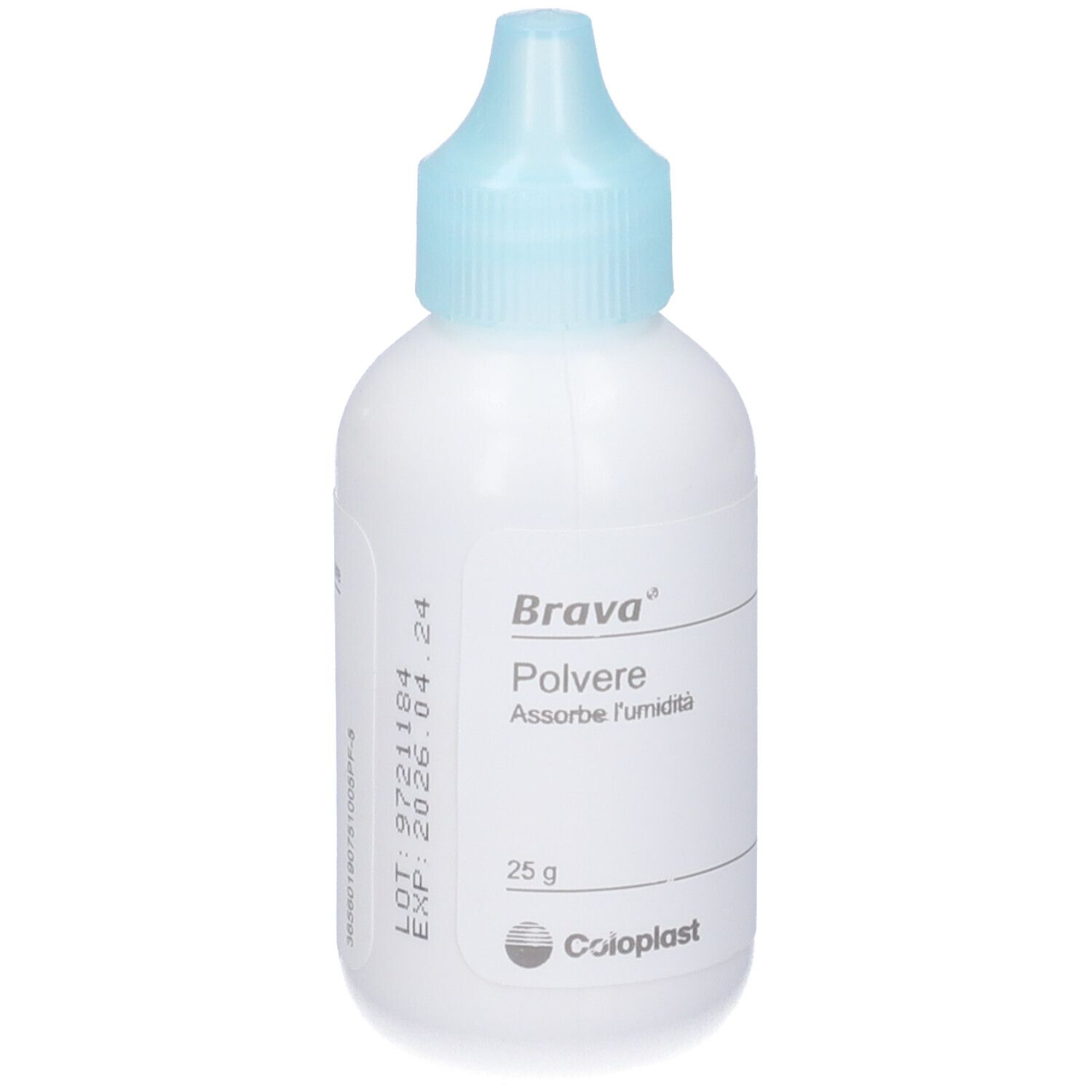 Weiße Flasche mit blauem Verschluss. Beschriftung: Brava Polvere, 25 g. Coloplast Logo.