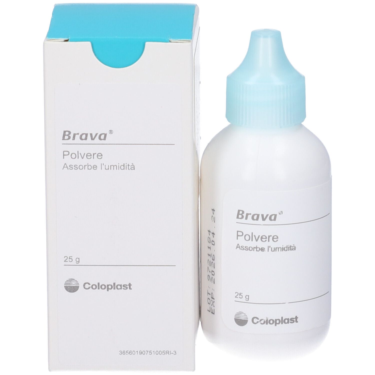 Produktflasche und Verpackung. Flasche: weiß, blau. Verpackung: weiß, blau. Beschriftung: Brava Polvere, 25 g.