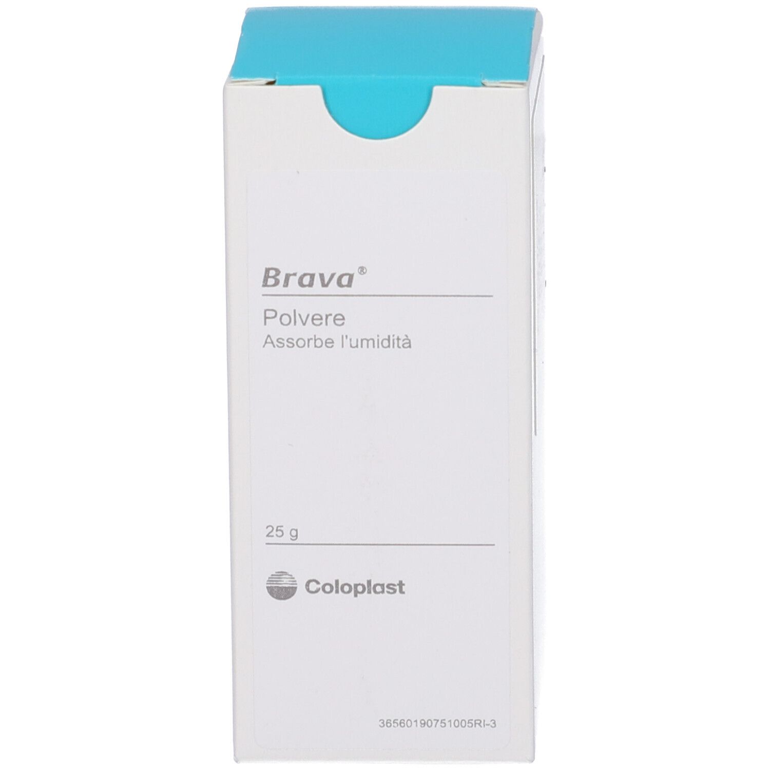 Weiße Verpackung mit blauem Deckel. Beschriftung: Brava Polvere, 25 g. Coloplast Logo.