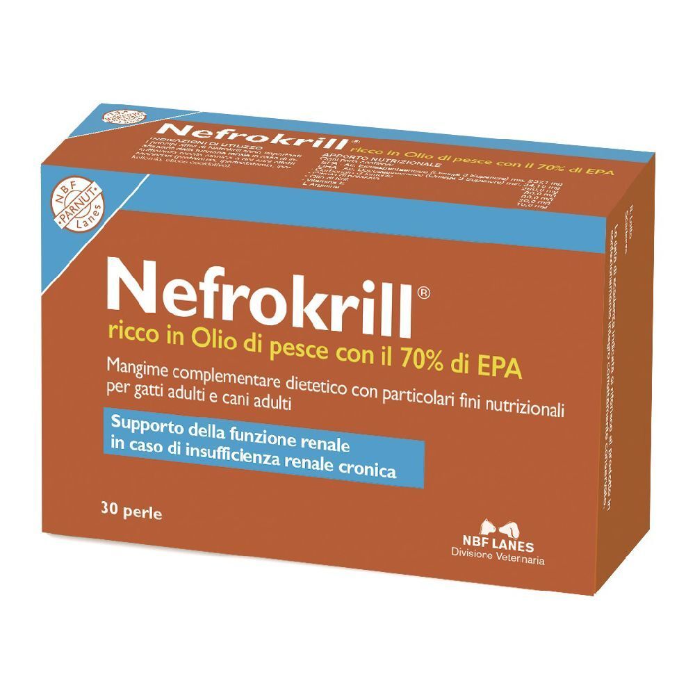 Scatola marrone con testo blu. Scritto: Nefrokrill, ricco di olio di pesce con il 70% di EPA. 30 perle. Per gatti e cani.