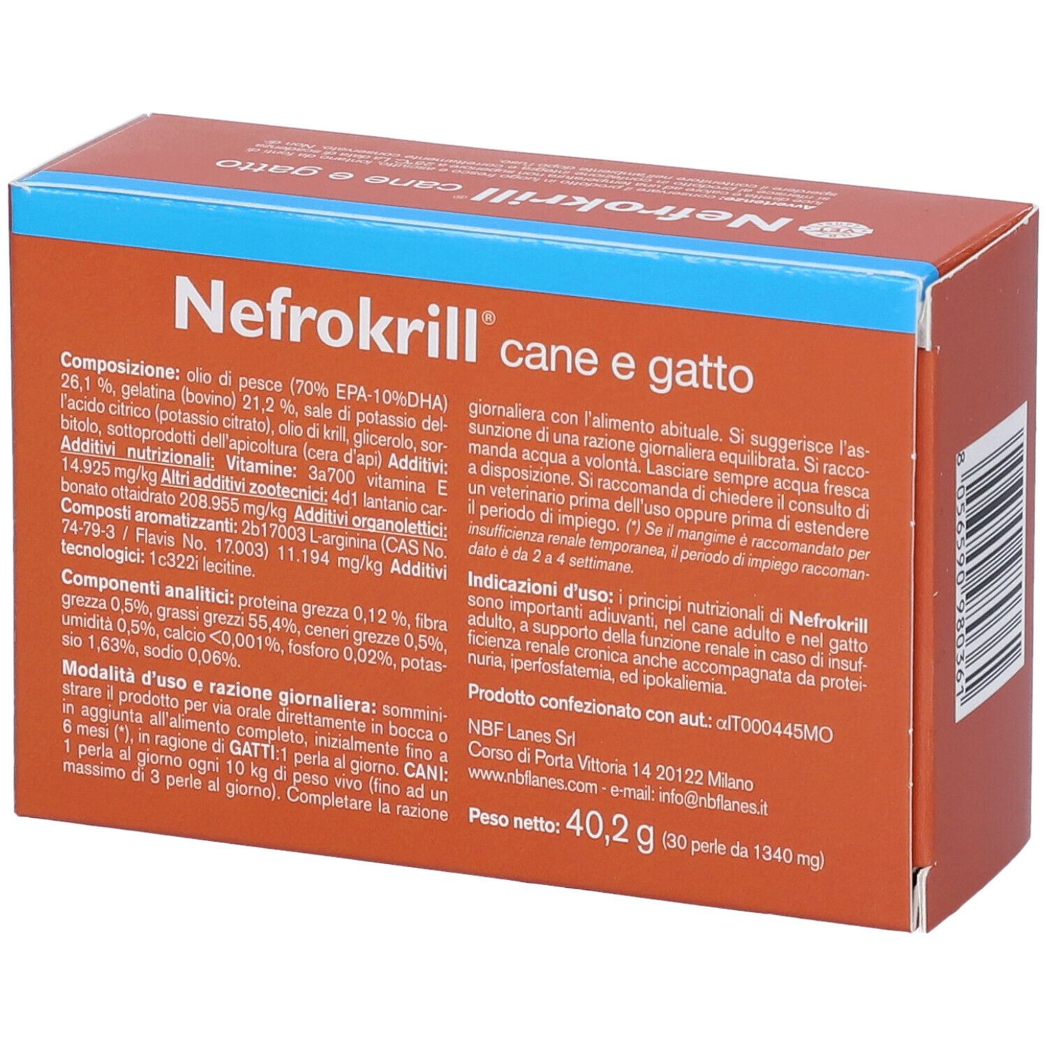 Scatola marrone con testo blu. Scritto: Nefrokrill, per cani e gatti. 30 perle. NBF Lanes.
