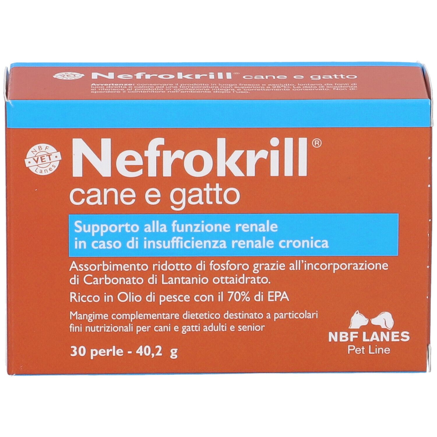 Scatola marrone con testo blu. Scritto: Nefrokrill, per cani e gatti. 30 perle. NBF Lanes.
