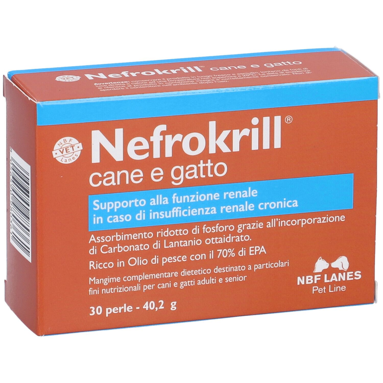 Scatola marrone con testo blu. Scritto: Nefrokrill, per cani e gatti. 30 perle. NBF Lanes.