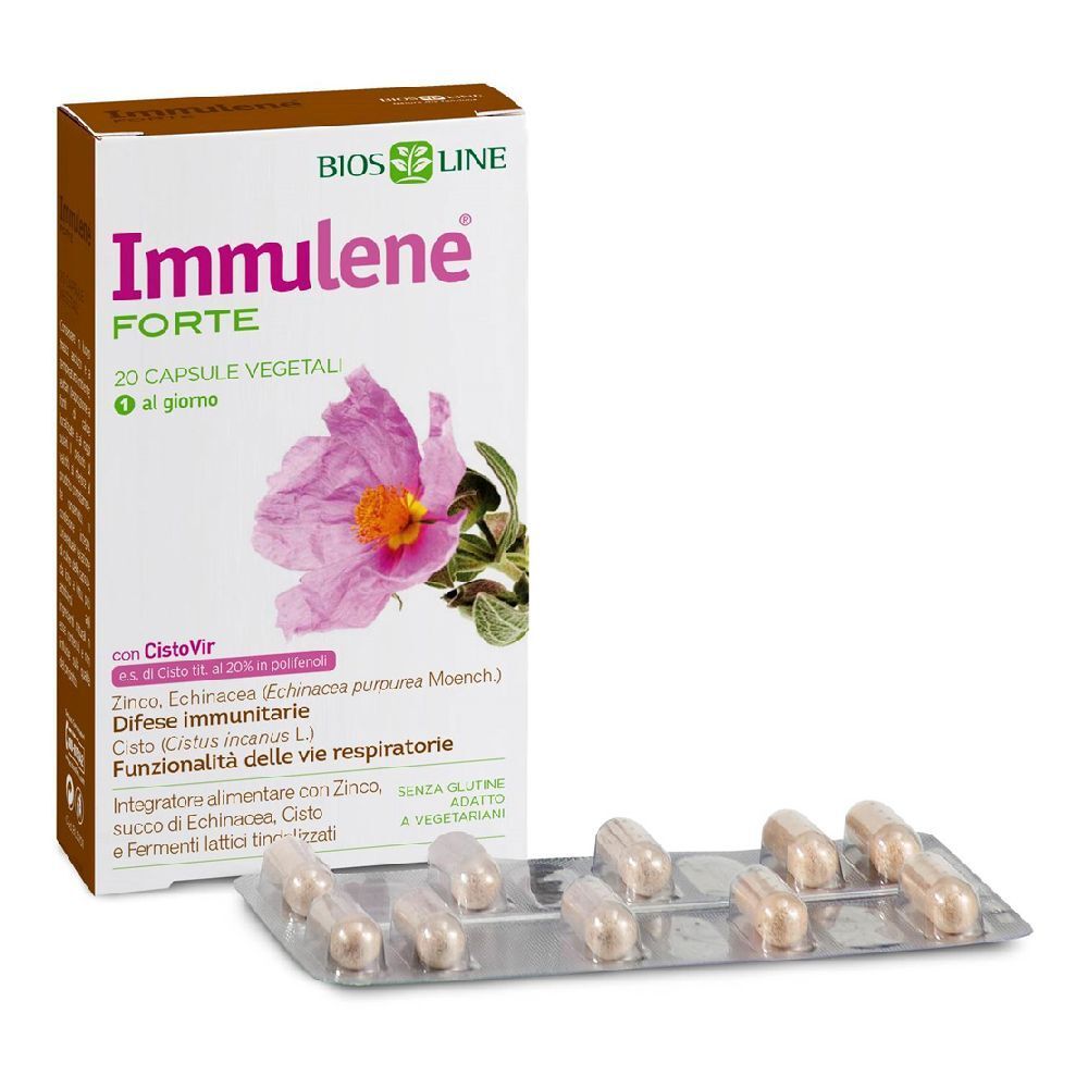 Confezione e blister di capsule. Sulla confezione: "Immulene Forte" e fiore rosa. Capsule beige chiaro.