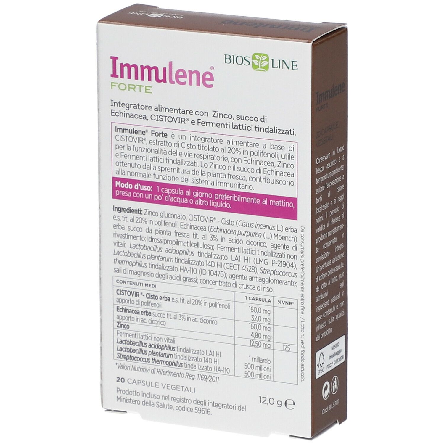 Retro della confezione. Testo con ingredienti e informazioni nutrizionali. Scritta: "Immulene Forte".