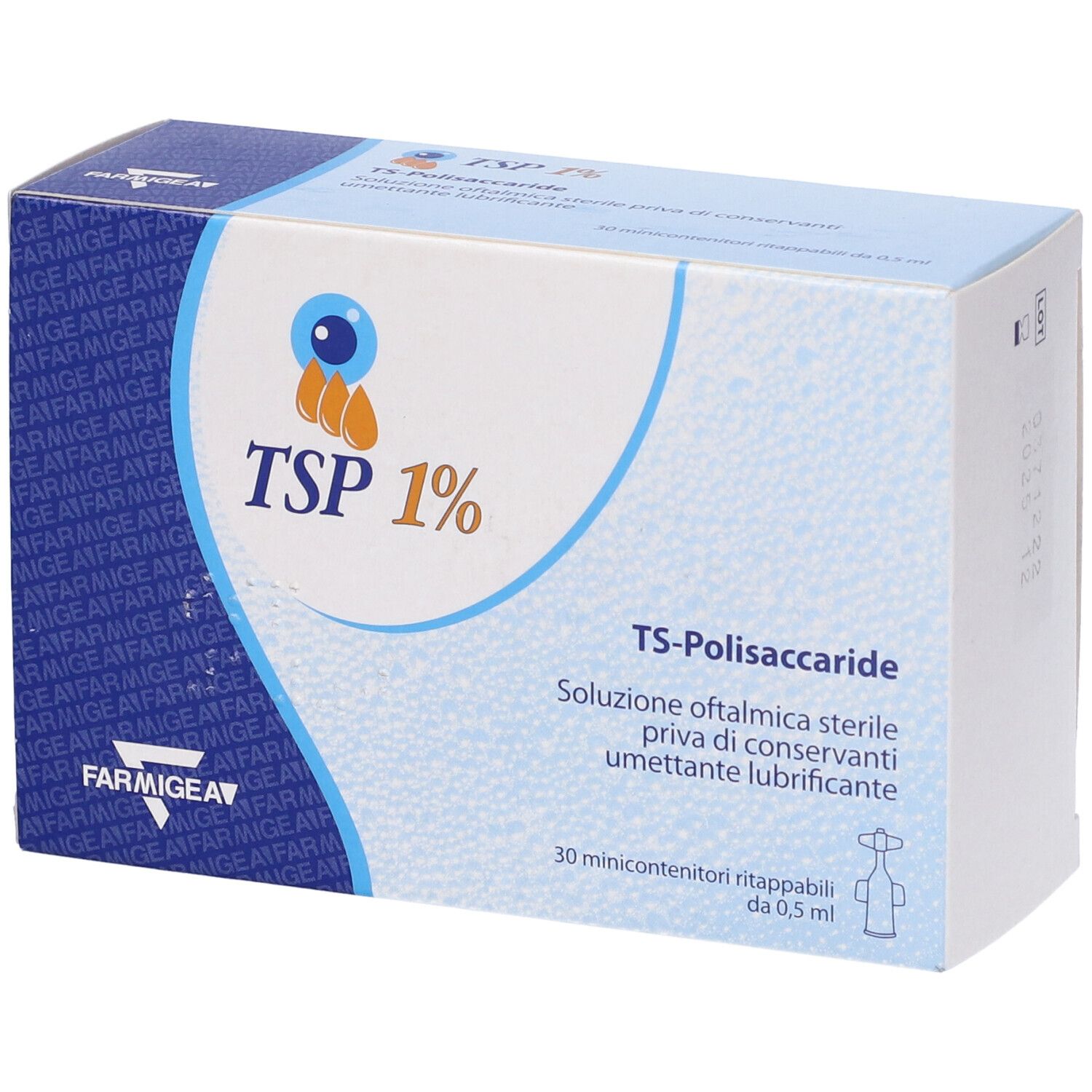 Karton mit TSP 1% Augentropfen. Blaue und weiße Verpackung mit Produktinformationen und Logo.