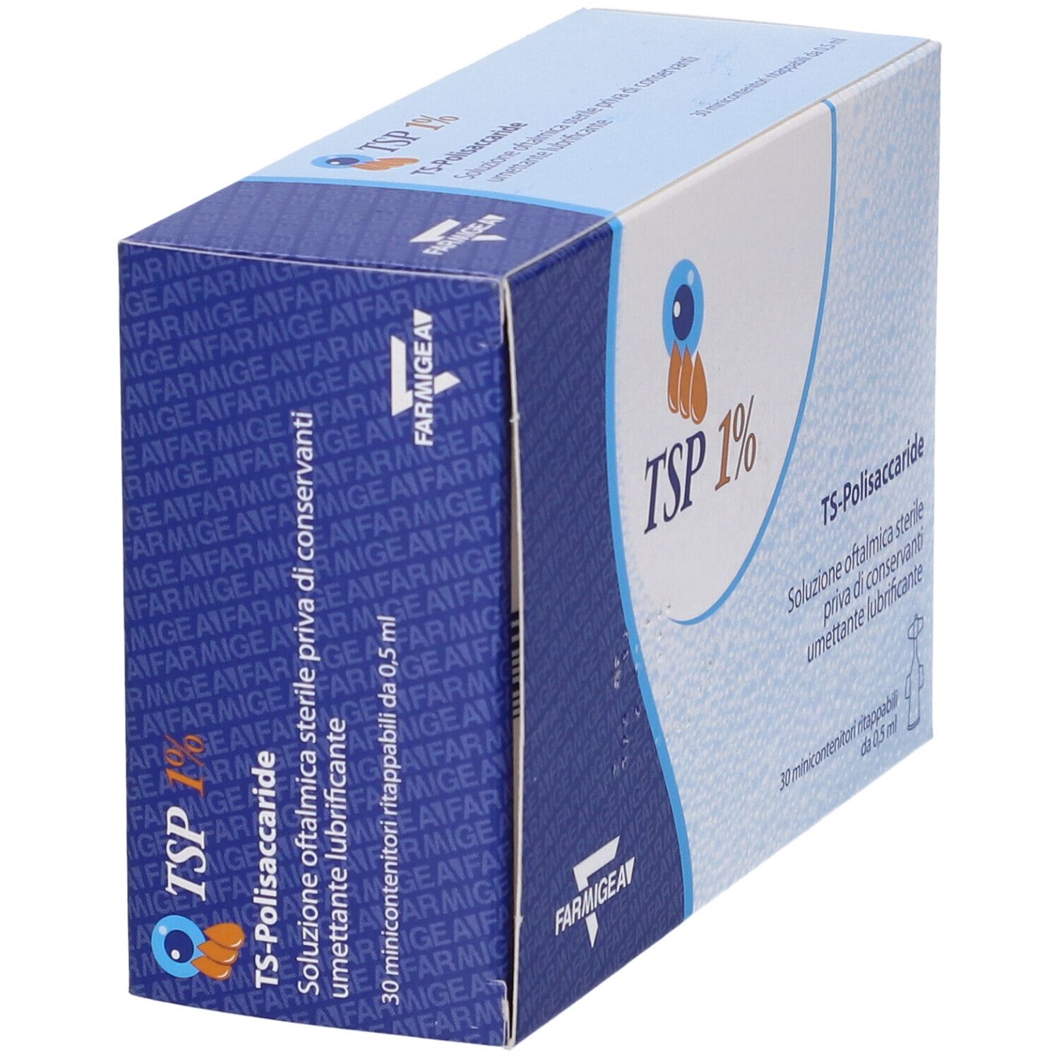 Schräg gestellte Verpackung von TSP 1% Augentropfen. Blaue und weiße Schachtel mit Produktlogo.