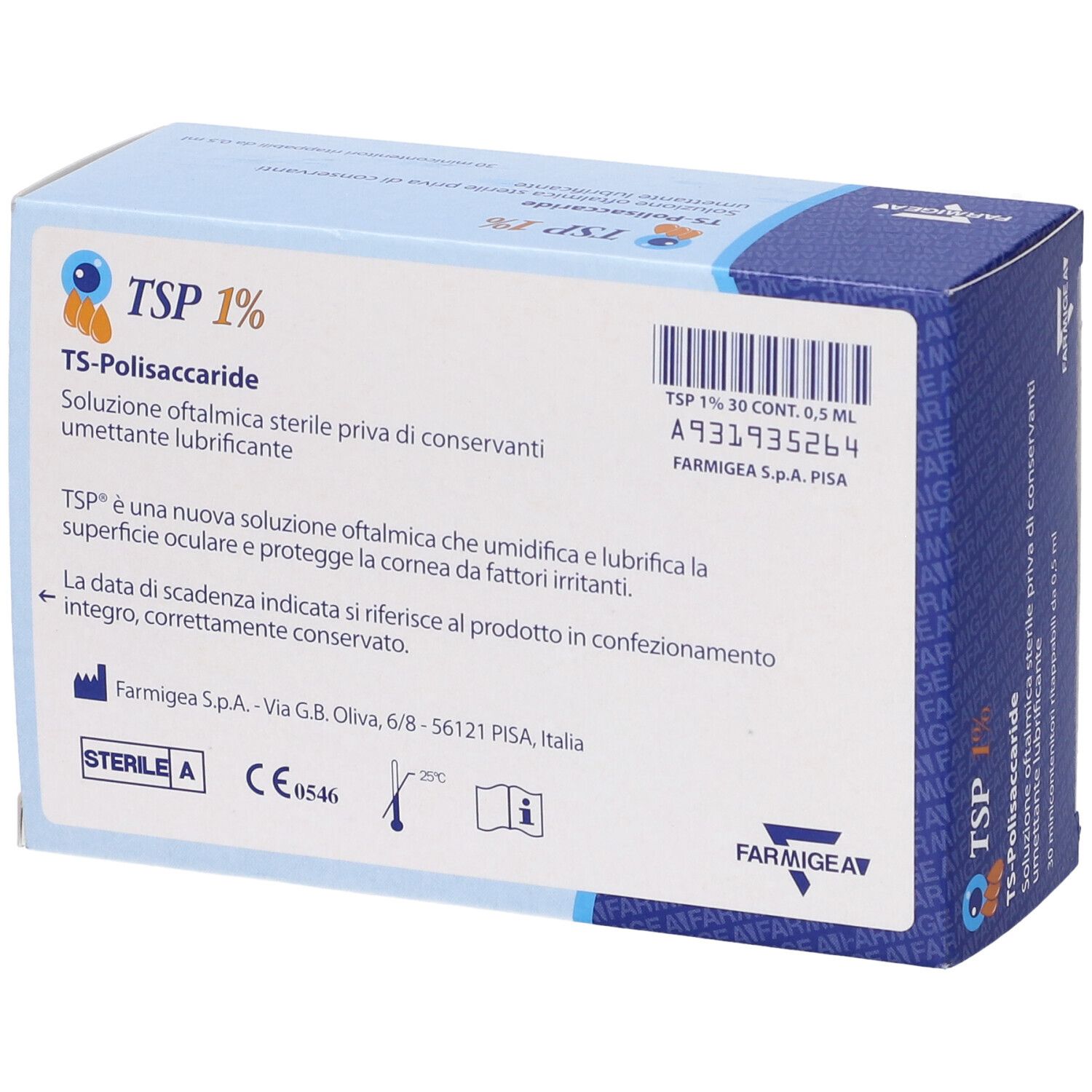 Rückseite der TSP 1% Augentropfen-Verpackung. Enthält Produktinformationen und Zertifizierungen.