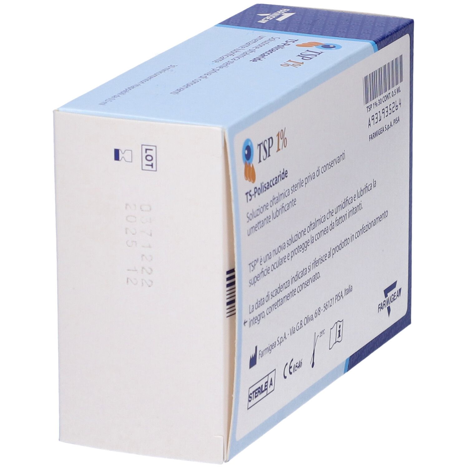 Seitenansicht der TSP 1% Augentropfen-Verpackung. Mit Chargennummer und Verfallsdatum.