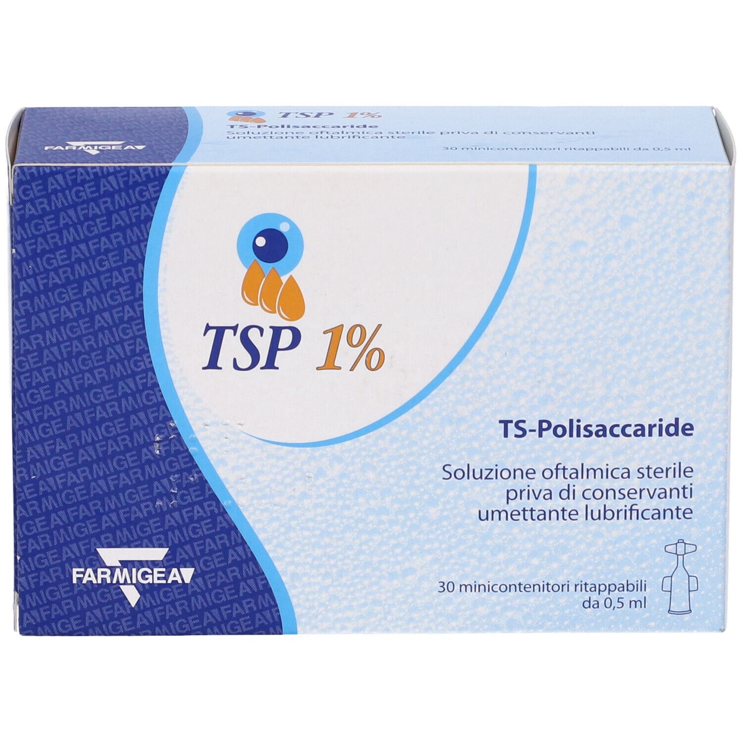 Vorderansicht der TSP 1% Augentropfen-Verpackung. Blaue und weiße Schachtel mit Produktlogo.