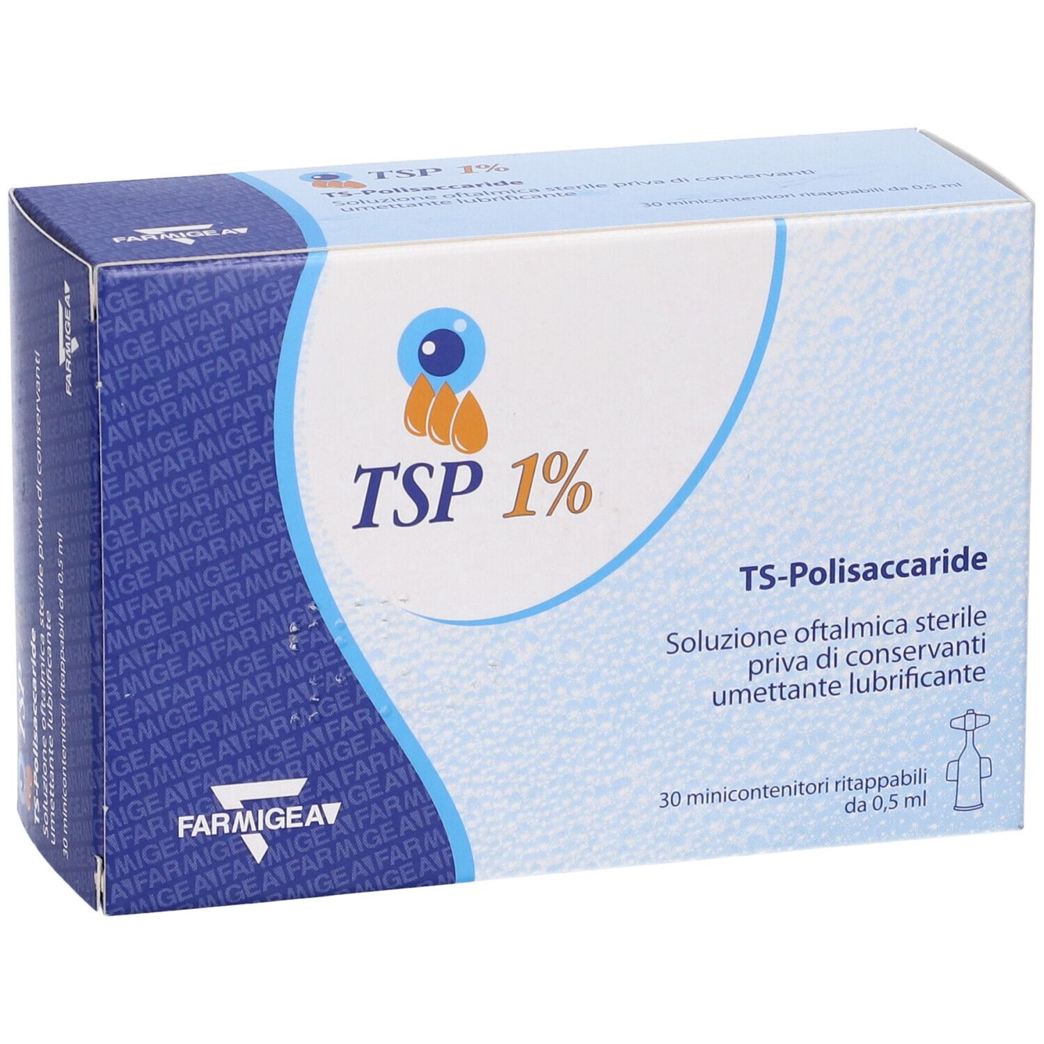 Vorderansicht der TSP 1% Augentropfen-Verpackung. Blaue und weiße Schachtel mit Produktlogo.