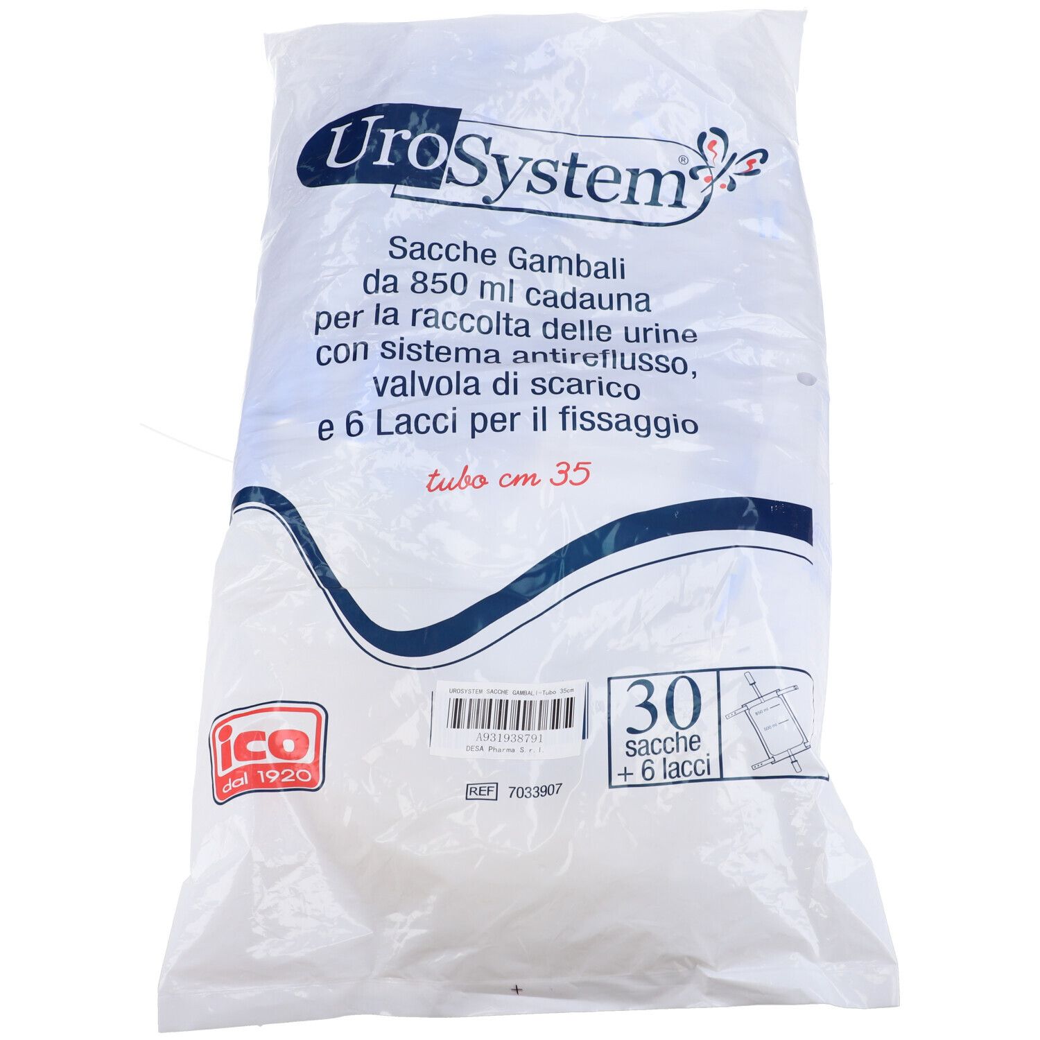 Beutel mit Produktinformationen. UroSystem-Logo. Text: Sacche Gambali da 850 ml cadauna, tubo cm 35. 30 sacche + 6 lacci.