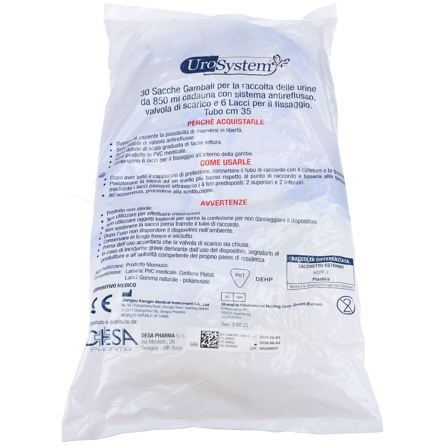 Transparenter Beutel mit Produktinformationen. UroSystem-Logo. Text: 30 Sacche Gambali, tubo cm 35. Hinweise und Warnhinweise.