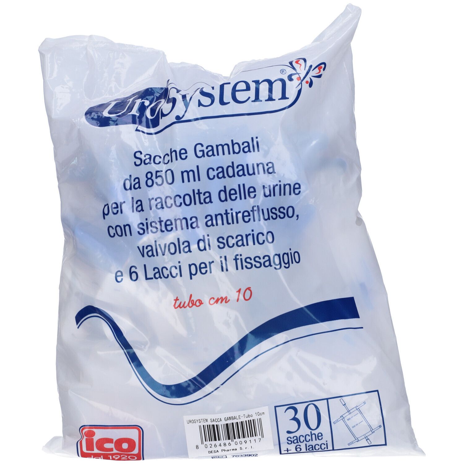 Sacchetto con 30 sacche da gamba. Testo: UroSystem, 850 ml, sistema antireflusso, valvola di scarico, 6 lacci, tubo 10 cm.