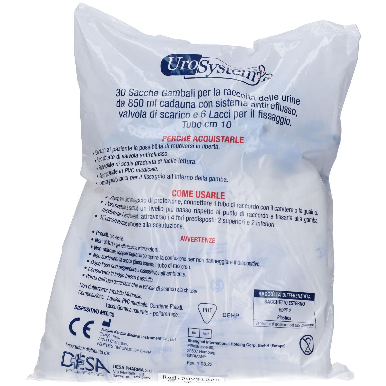 Retro del sacchetto con 30 sacche da gamba. Testo: UroSystem, 850 ml, sistema antireflusso, valvola di scarico, 6 lacci, tubo 10 cm.