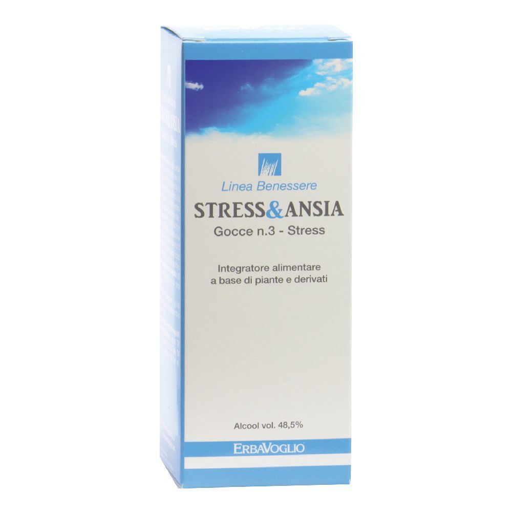 Scatola blu e bianca con testo Stress & Ansia Gocce. Marchio ErbaVoglio. Testo: Integratore alimentare a base di piante e derivati.