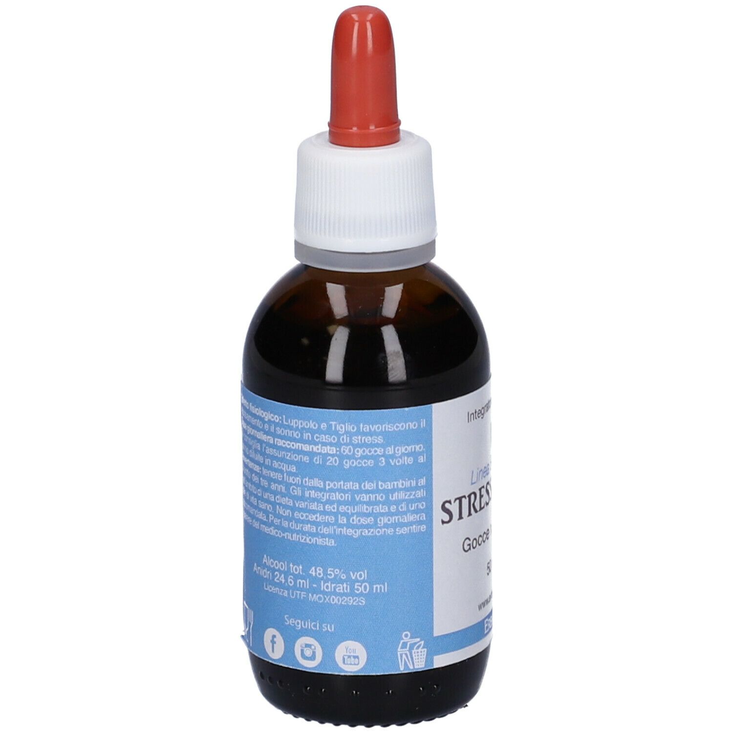 Flacone di vetro marrone con contagocce rosso. Testo Stress & Ansia Gocce. Marchio ErbaVoglio. Integratore alimentare.