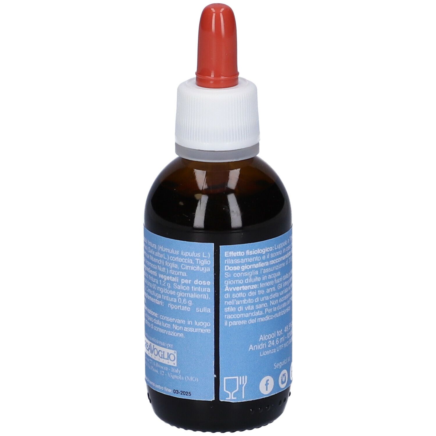 Flacone di vetro marrone con contagocce rosso. Testo Stress & Ansia Gocce. Marchio ErbaVoglio. Integratore alimentare.