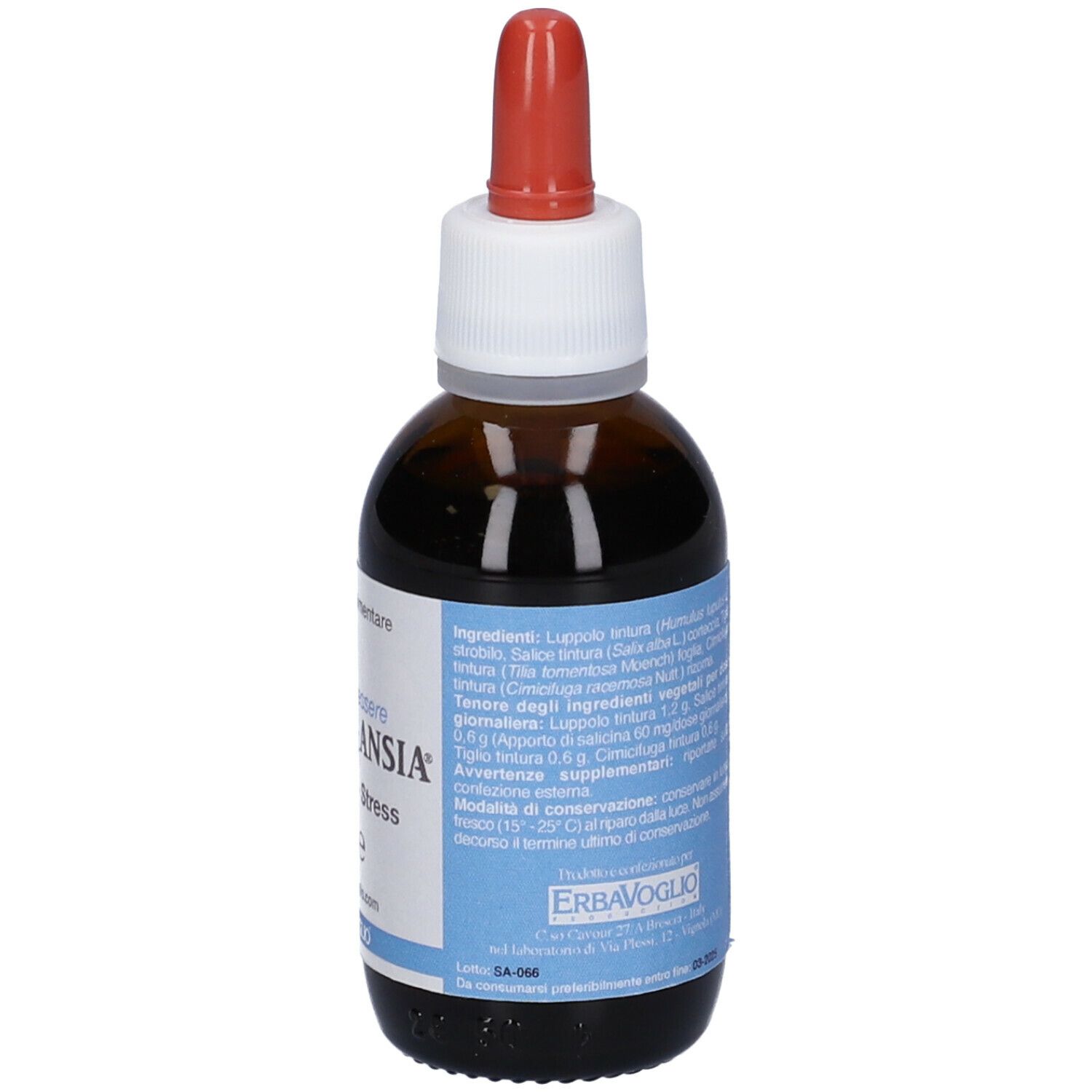 Flacone di vetro marrone con contagocce rosso. Testo Stress & Ansia Gocce. Marchio ErbaVoglio. Integratore alimentare.