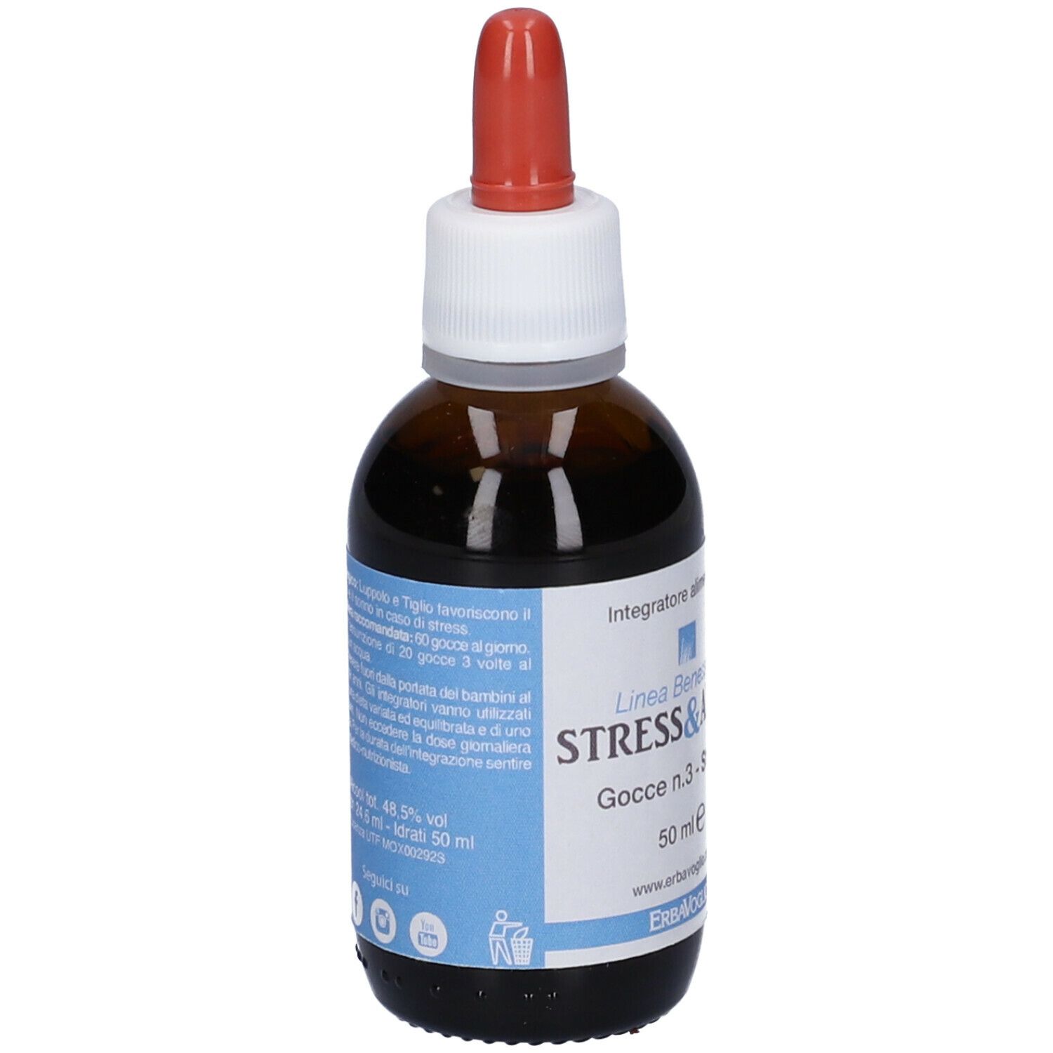 Flacone di vetro marrone con contagocce rosso. Testo Stress & Ansia Gocce. Marchio ErbaVoglio. Integratore alimentare.