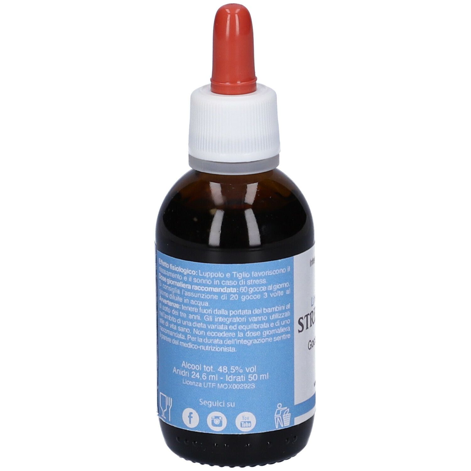 Flacone di vetro marrone con contagocce rosso. Testo Stress & Ansia Gocce. Marchio ErbaVoglio. Integratore alimentare.