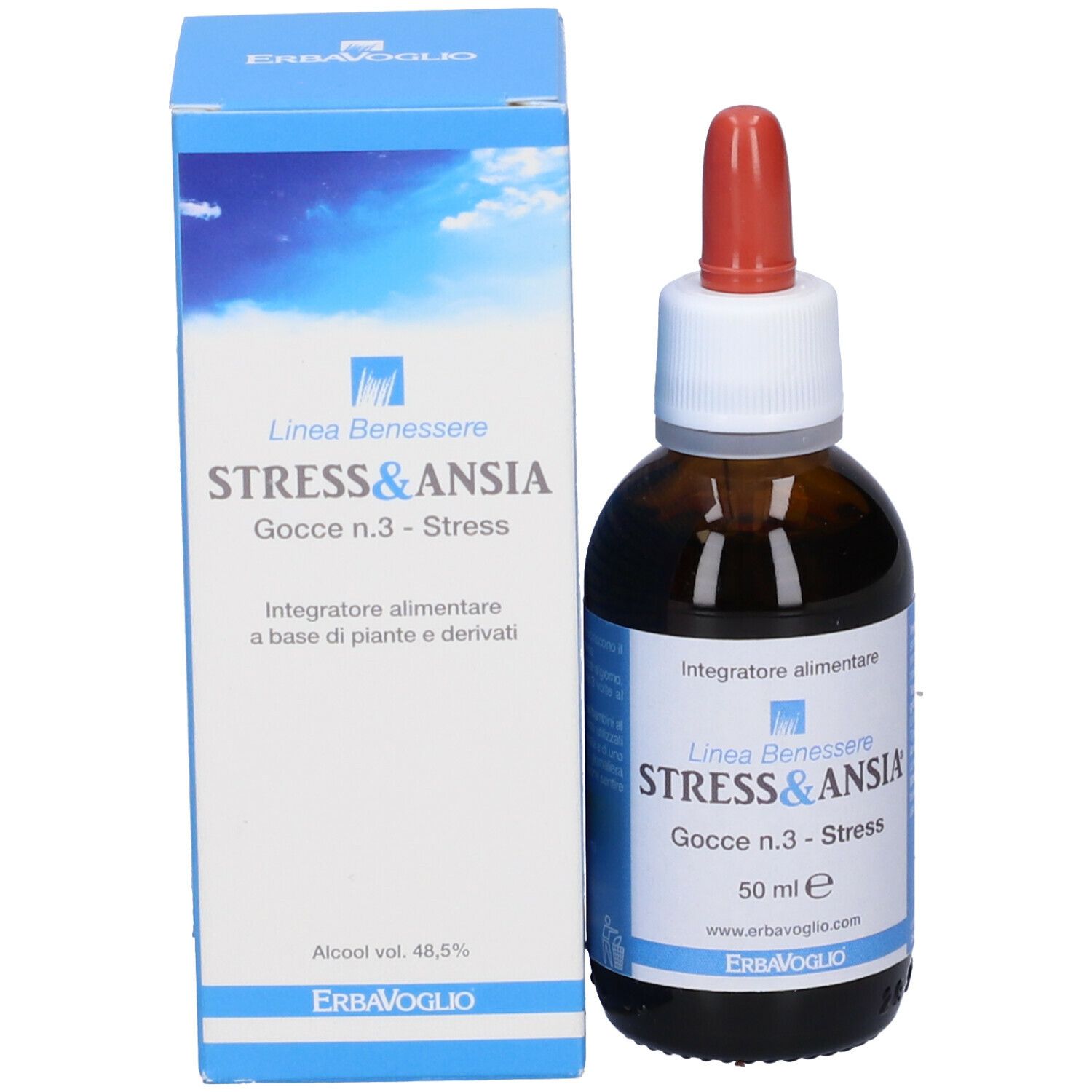 Flacone e scatola con testo Stress & Ansia Gocce. Marchio ErbaVoglio. Integratore alimentare.