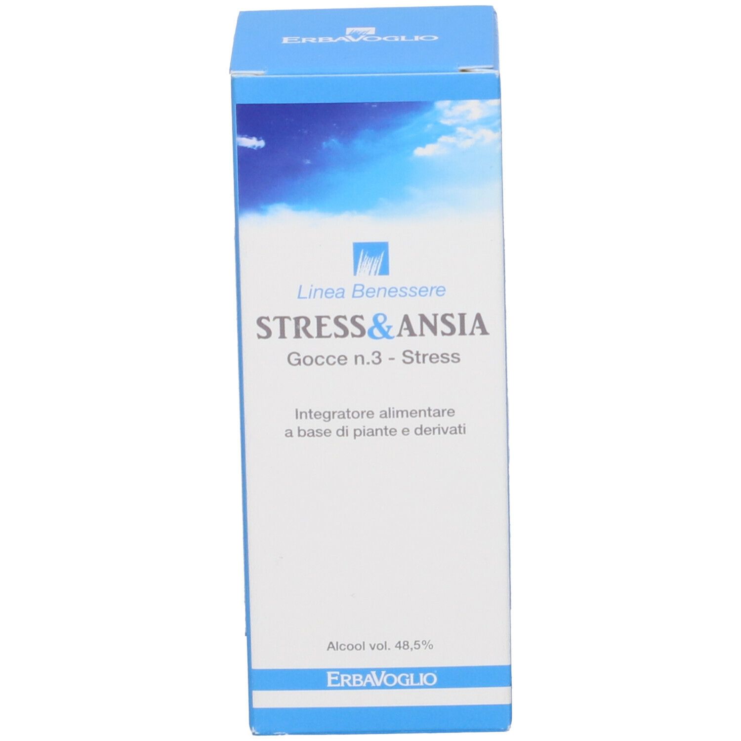 Scatola blu e bianca con testo Stress & Ansia Gocce. Marchio ErbaVoglio. Integratore alimentare.