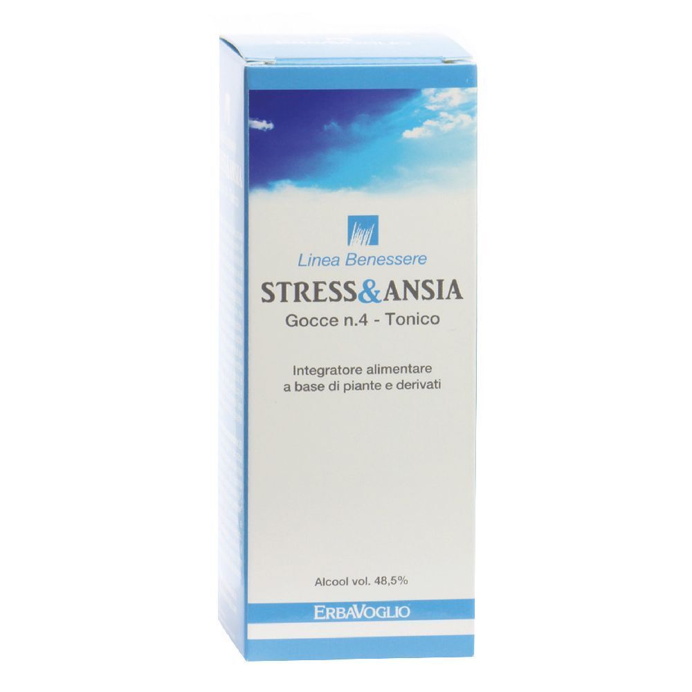 Scatola con stampa del prodotto. Scritta: Stress & Ansia, Gocce n.4 - Tonico. Marchio: Erba Voglio.