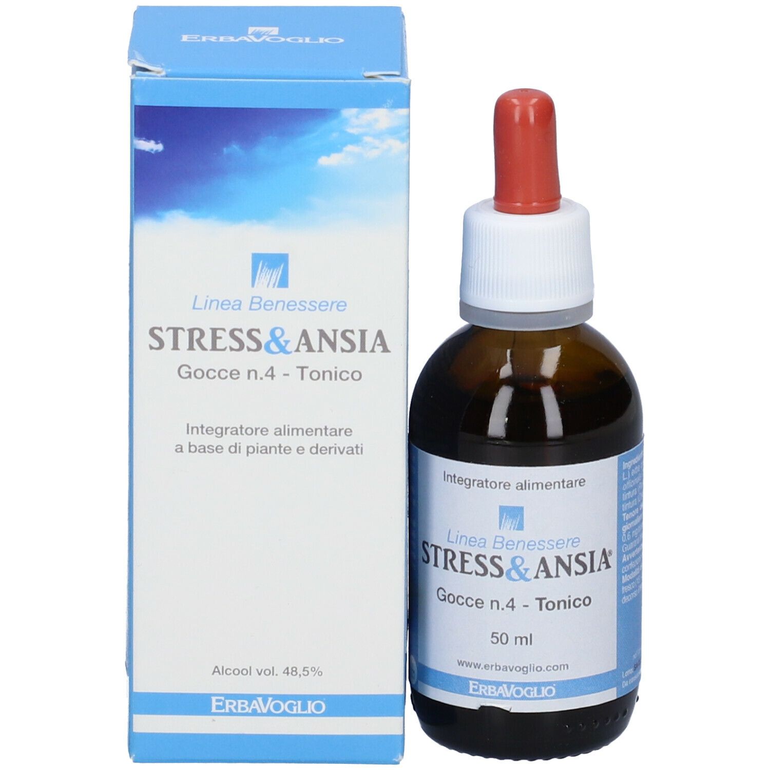 Confezione e flacone del prodotto. Scritta: Stress & Ansia, Gocce n.4 - Tonico. Marchio: Erba Voglio.