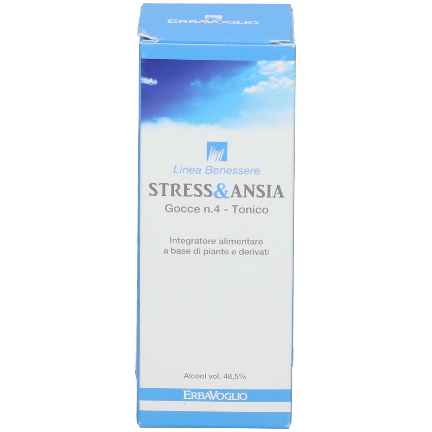 Confezione del prodotto. Scritta: Stress & Ansia, Gocce n.4 - Tonico. Marchio: Erba Voglio.