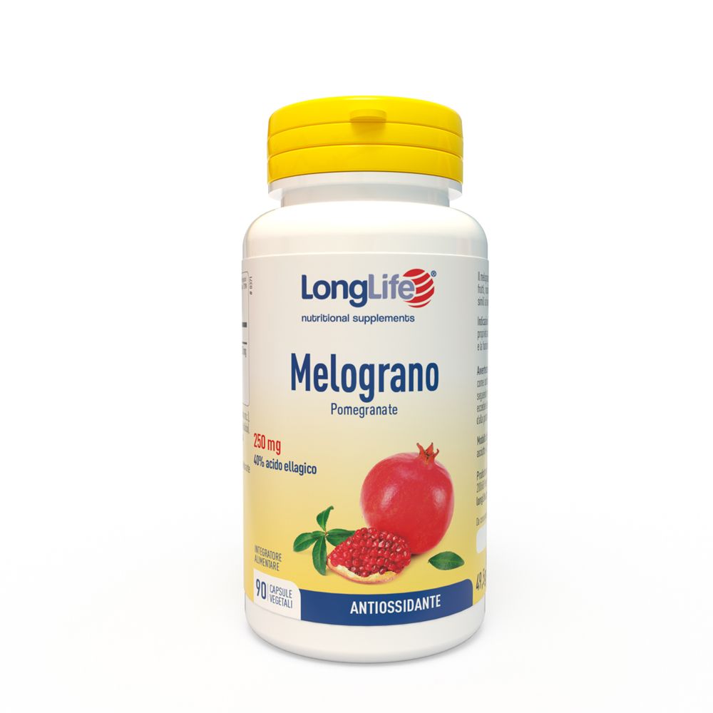 Flacone bianco con tappo giallo. Scritta: LongLife Melograno. Illustrazione di melograno. 90 capsule.