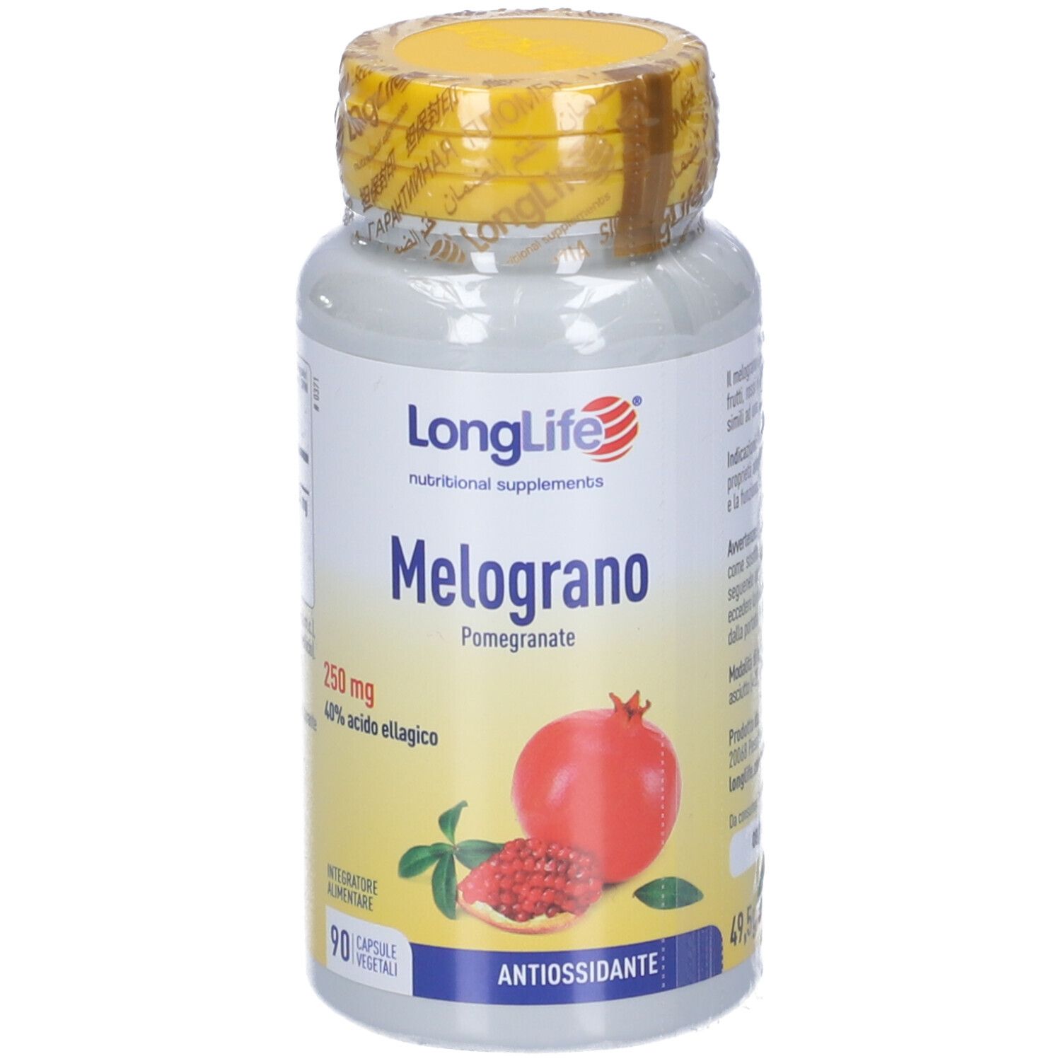 Flacone con tappo giallo e sigillo. Scritta: LongLife Melograno. Illustrazione melograno. 90 capsule.