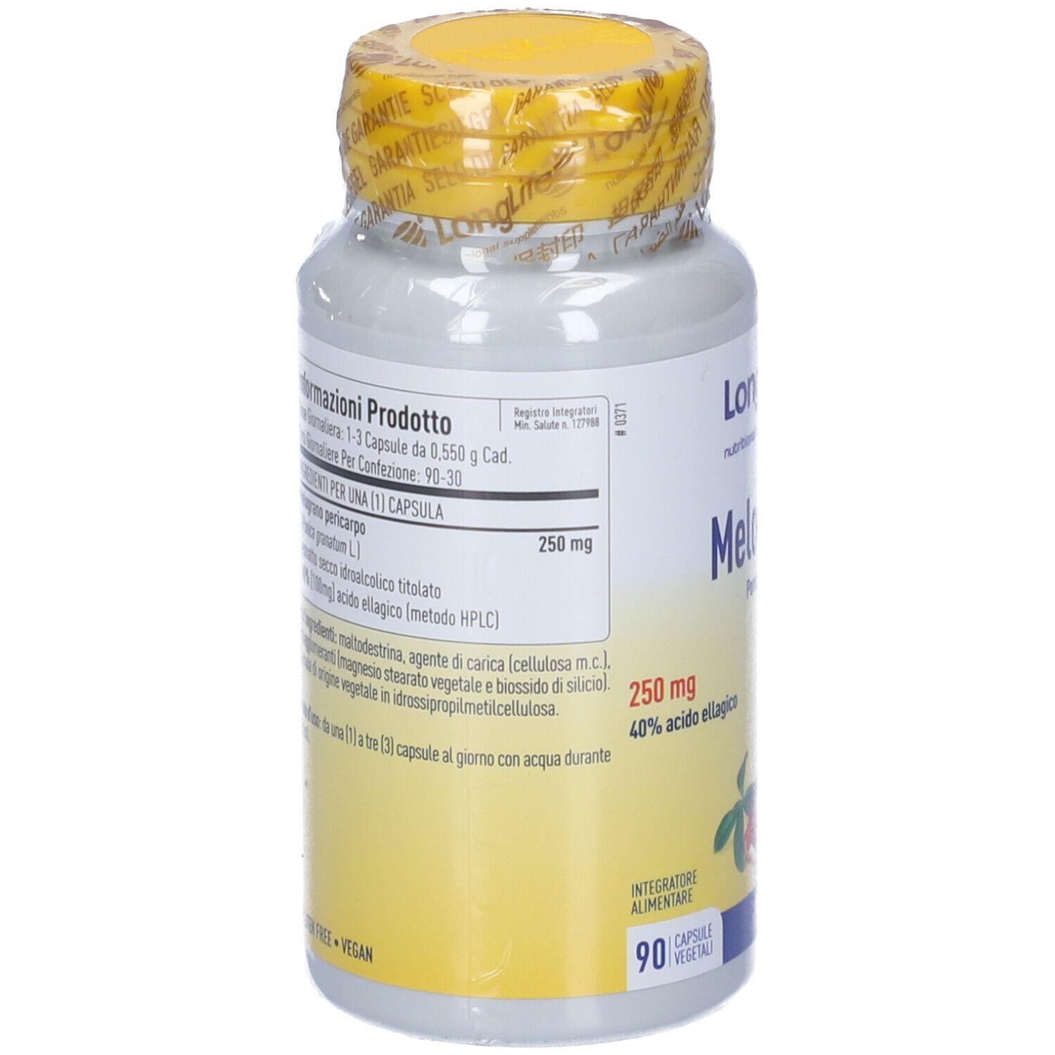 Flacone con sigillo giallo. Retro con testo. Scritta: LongLife Melograno. 90 capsule. Senza glutine, vegano.
