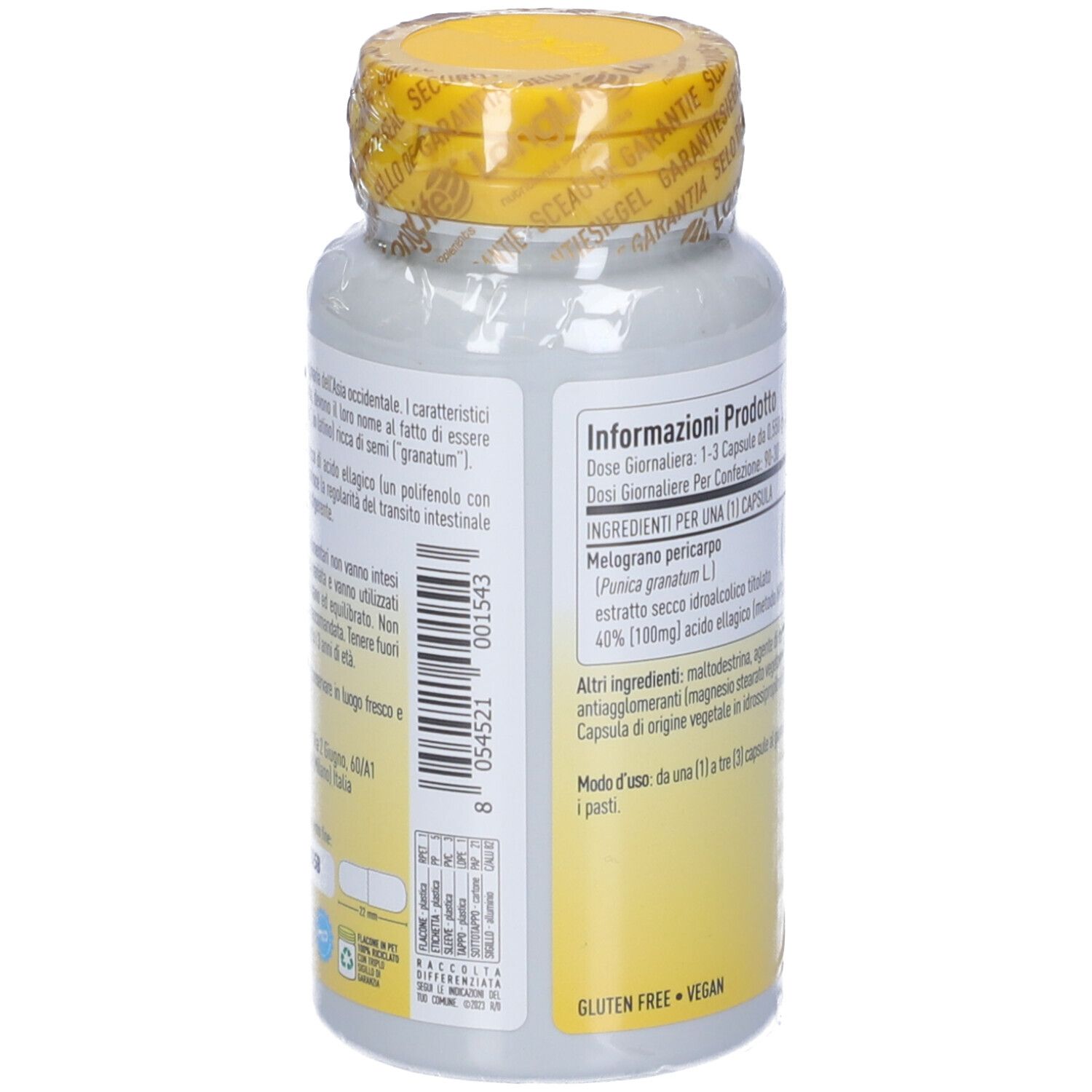 Flacone con sigillo giallo. Retro con testo. Scritta: LongLife Melograno. 90 capsule. Senza glutine, vegano.