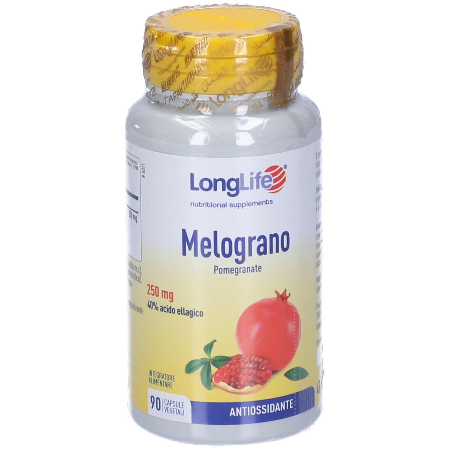 Flacone con sigillo giallo. Scritta: LongLife Melograno. Illustrazione melograno. 90 capsule.