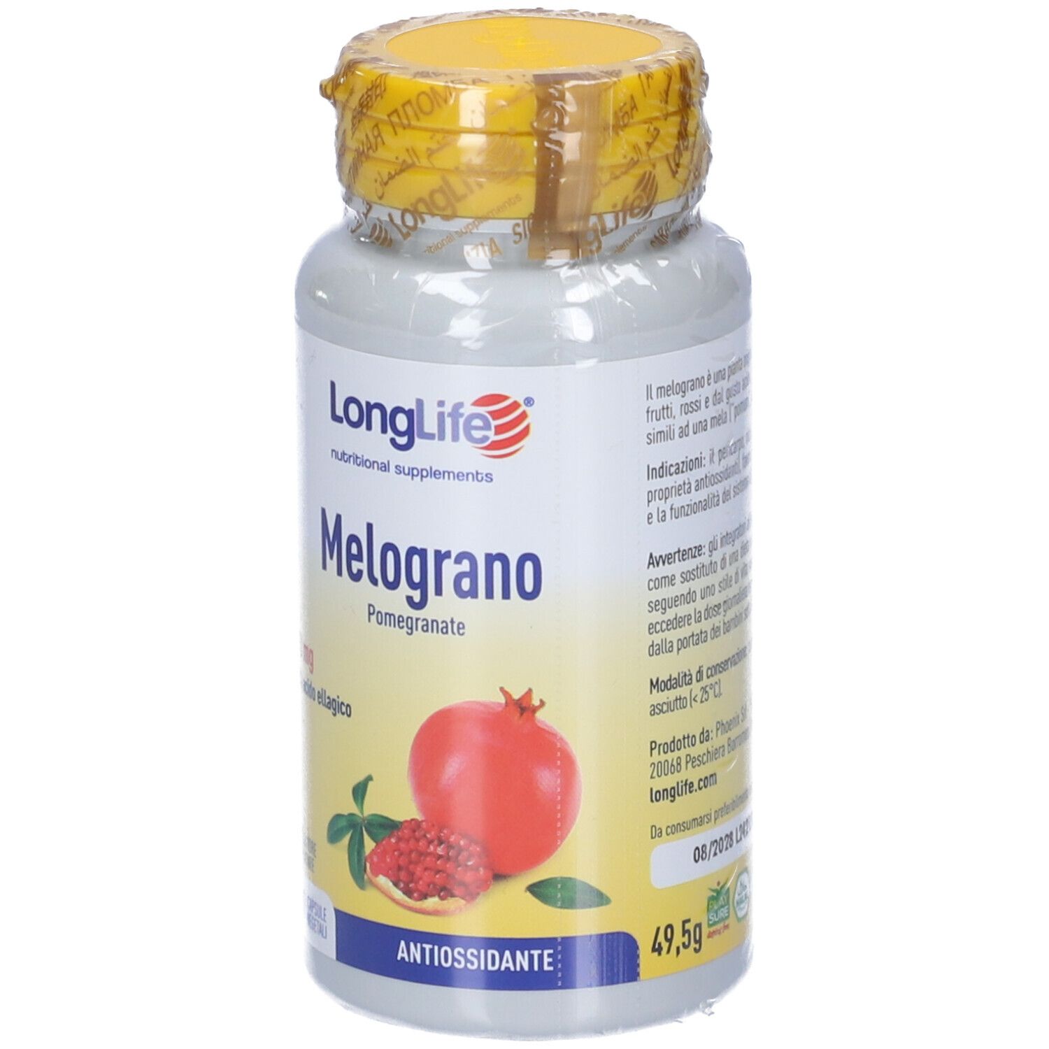 Flacone con sigillo giallo. Scritta: LongLife Melograno. Illustrazione melograno. 49,5g. 90 capsule.