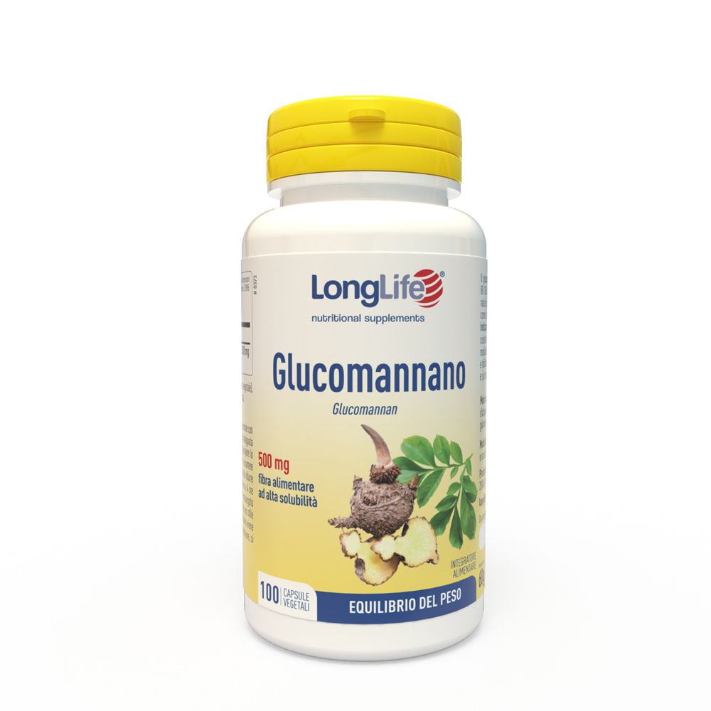 Flacone bianco con tappo giallo. Scritta: LongLife, Glucomannano, 500mg. Illustrazione di radice di konjac.