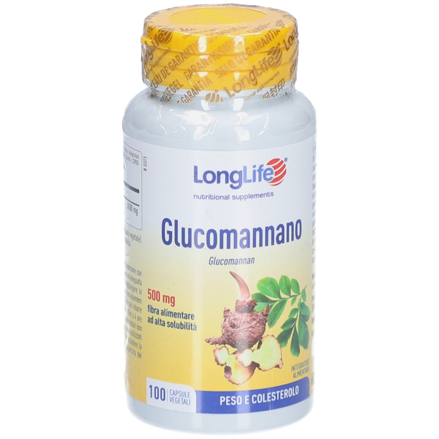 Flacone bianco con tappo giallo e sigillo. Scritta: LongLife, Glucomannano, 500mg. 100 capsule.