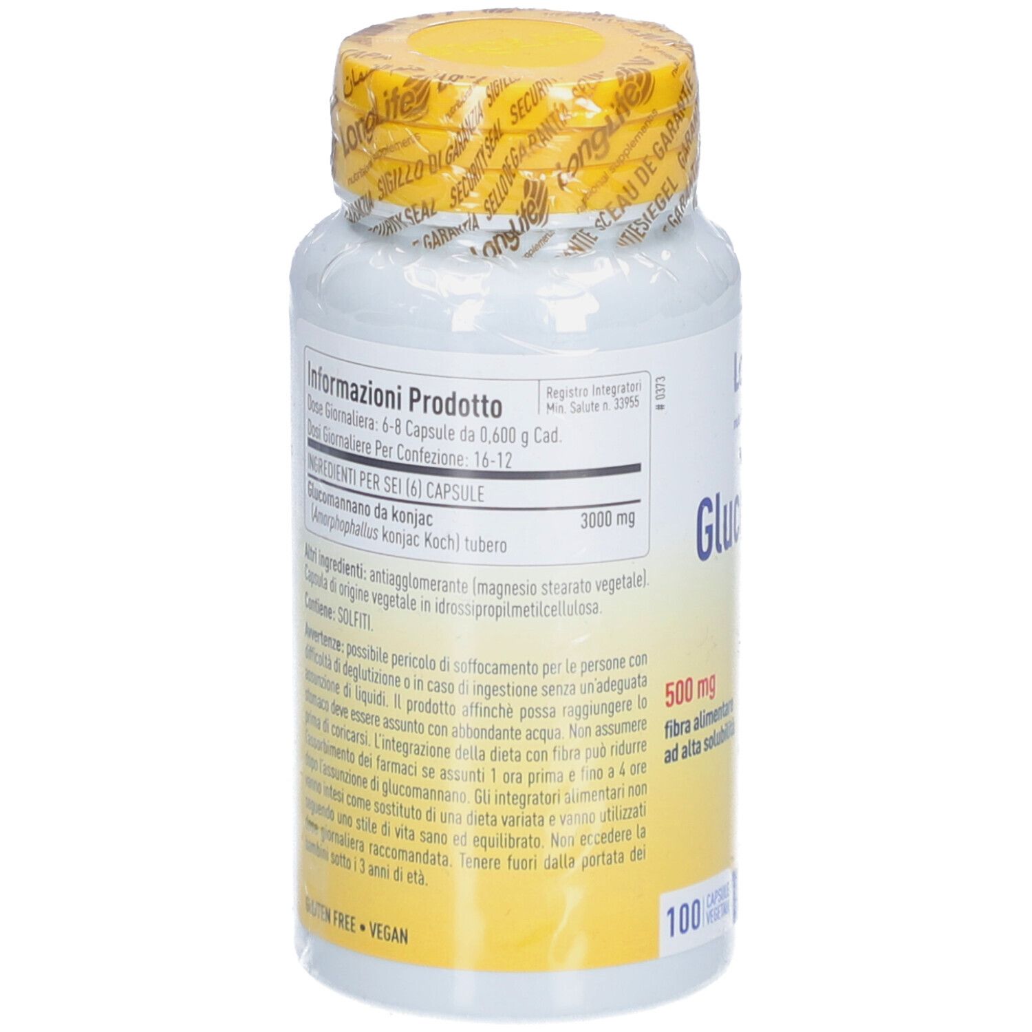 Retro del flacone. Informazioni testuali, ingredienti, avvertenze. 100 capsule. Senza glutine, vegano.